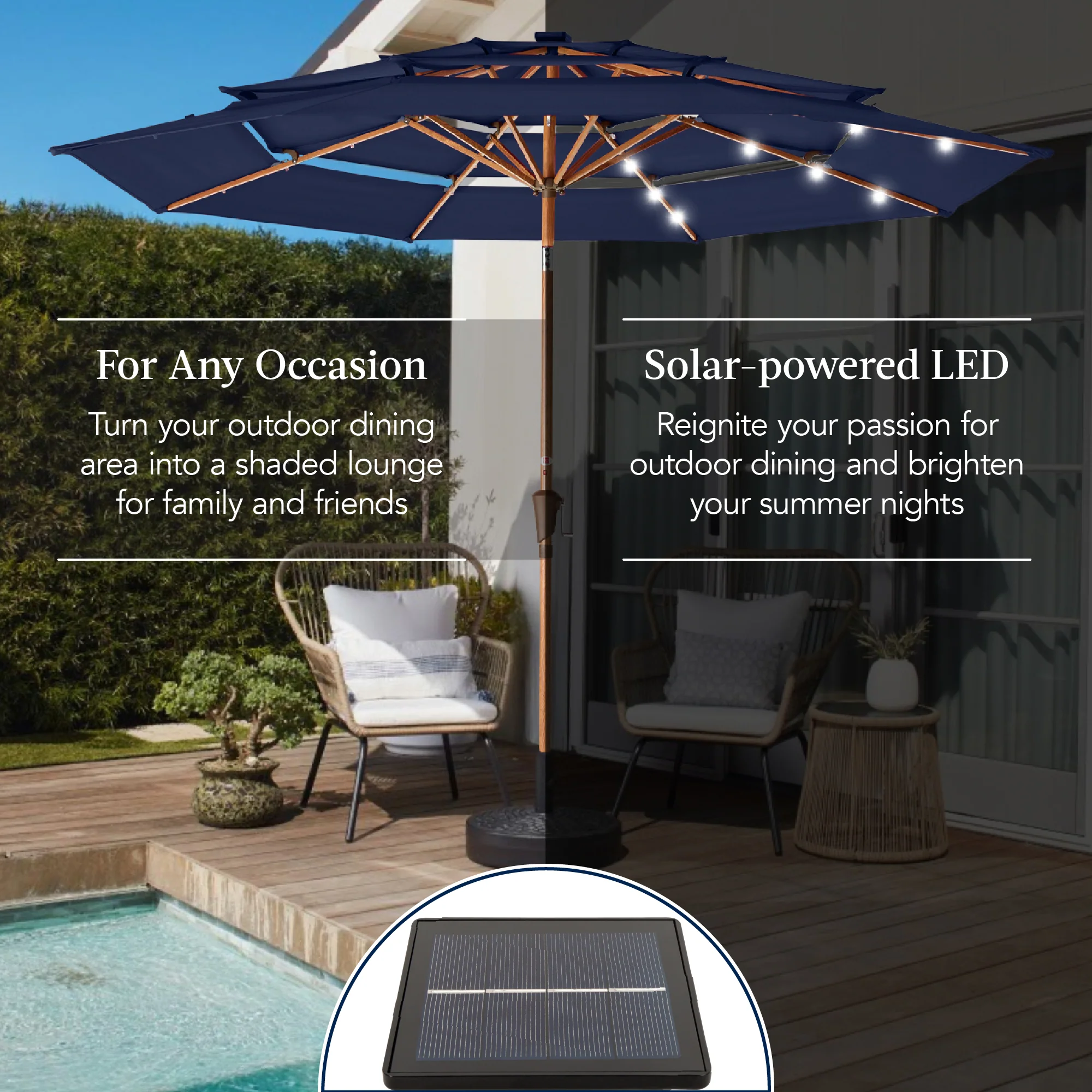 3-Tier Woodgrain Pattern Solar Patio Umbrella, Tilt Adjustment - 10ft - Image 93