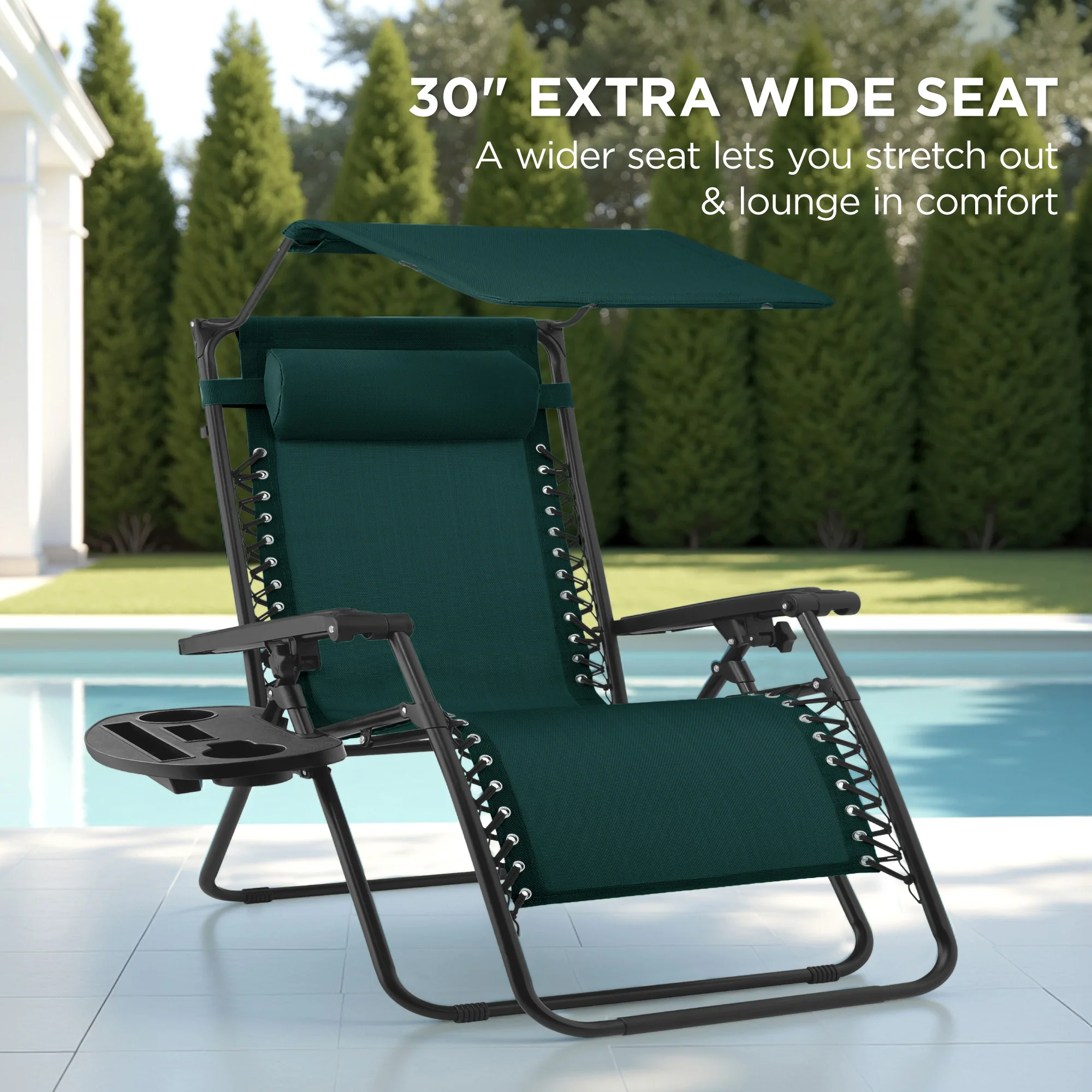30" Wide Folding Zero Gravity Patio Lounge Chair w/Adjustable Canopy Shade - Image 102