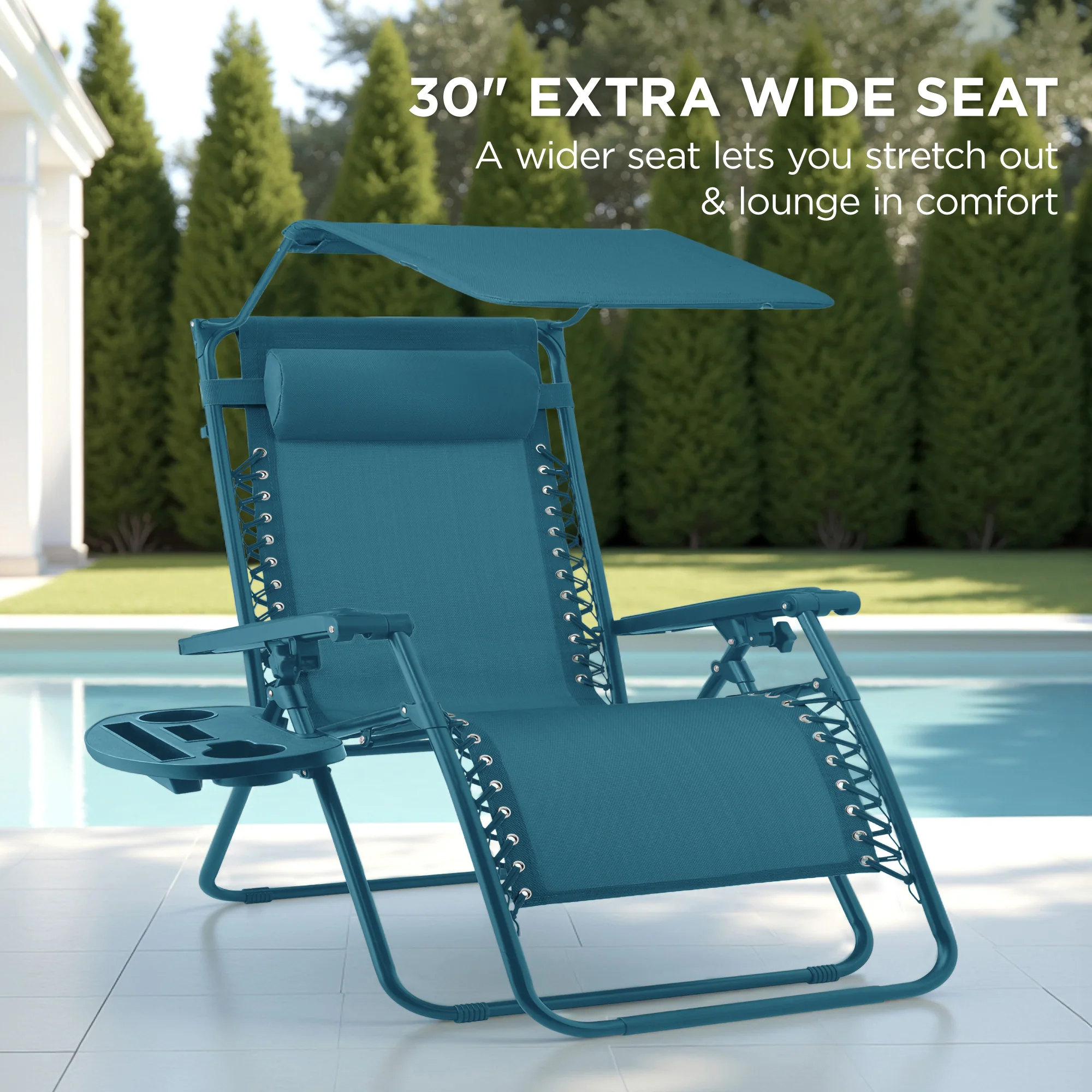 30" Wide Folding Zero Gravity Patio Lounge Chair w/Adjustable Canopy Shade - Image 111