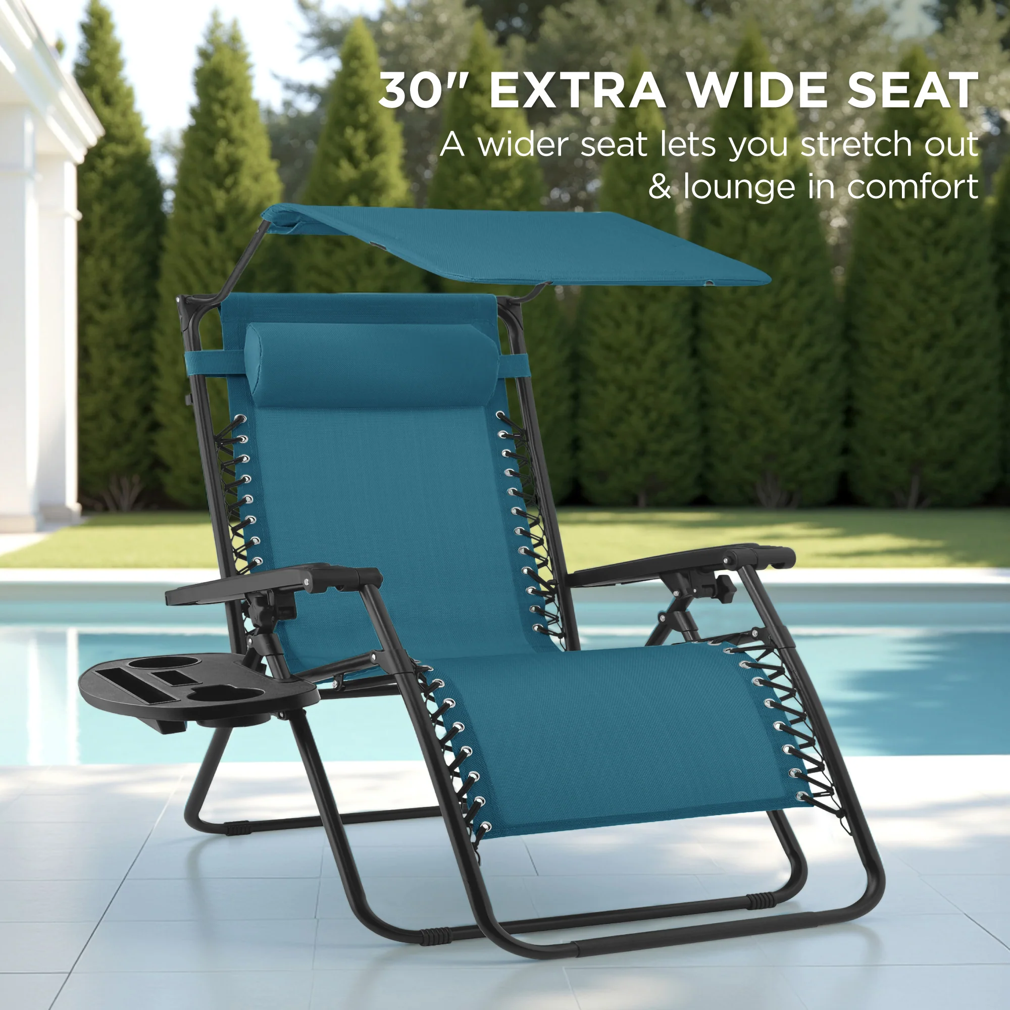30" Wide Folding Zero Gravity Patio Lounge Chair w/Adjustable Canopy Shade - Image 138