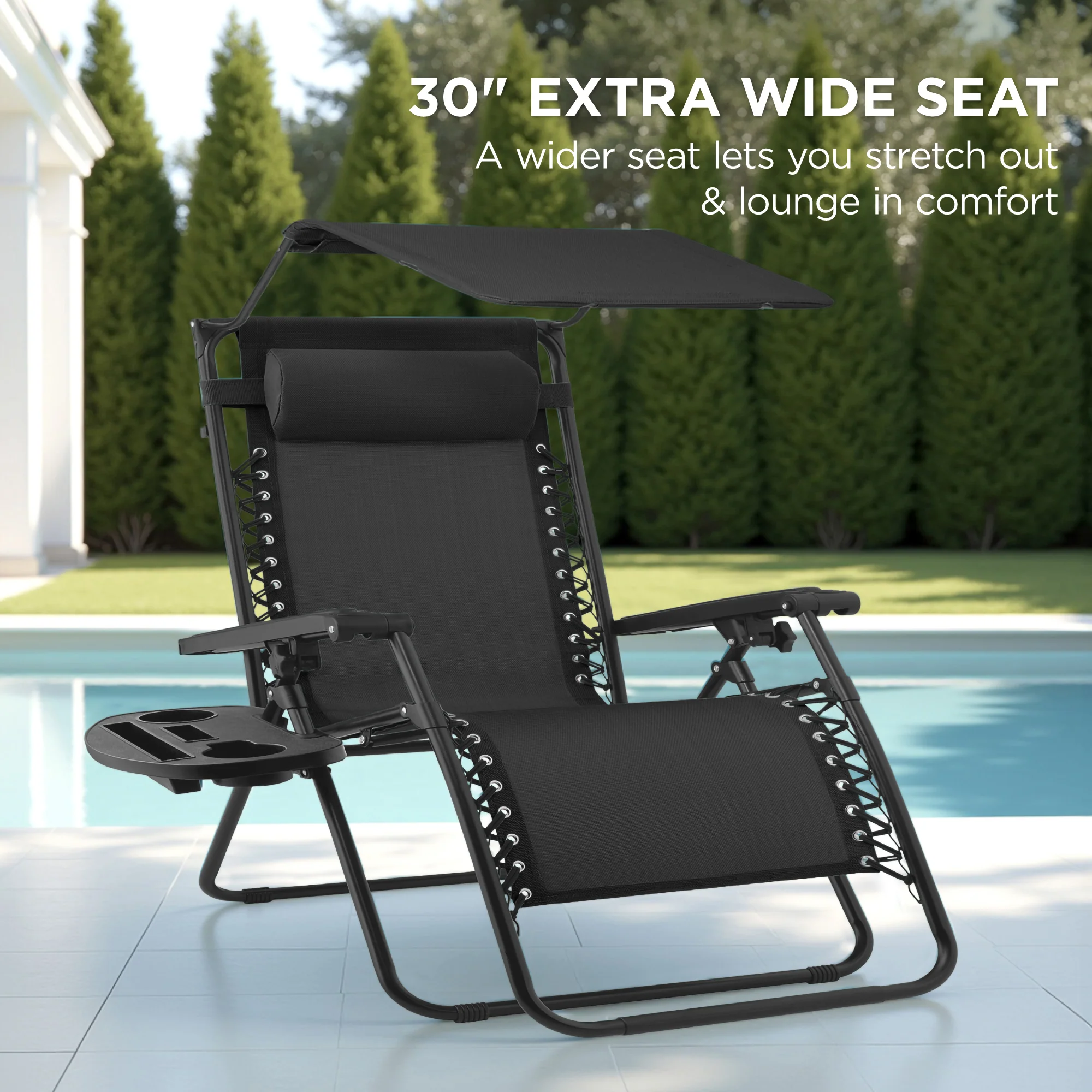 30" Wide Folding Zero Gravity Patio Lounge Chair w/Adjustable Canopy Shade - Image 57