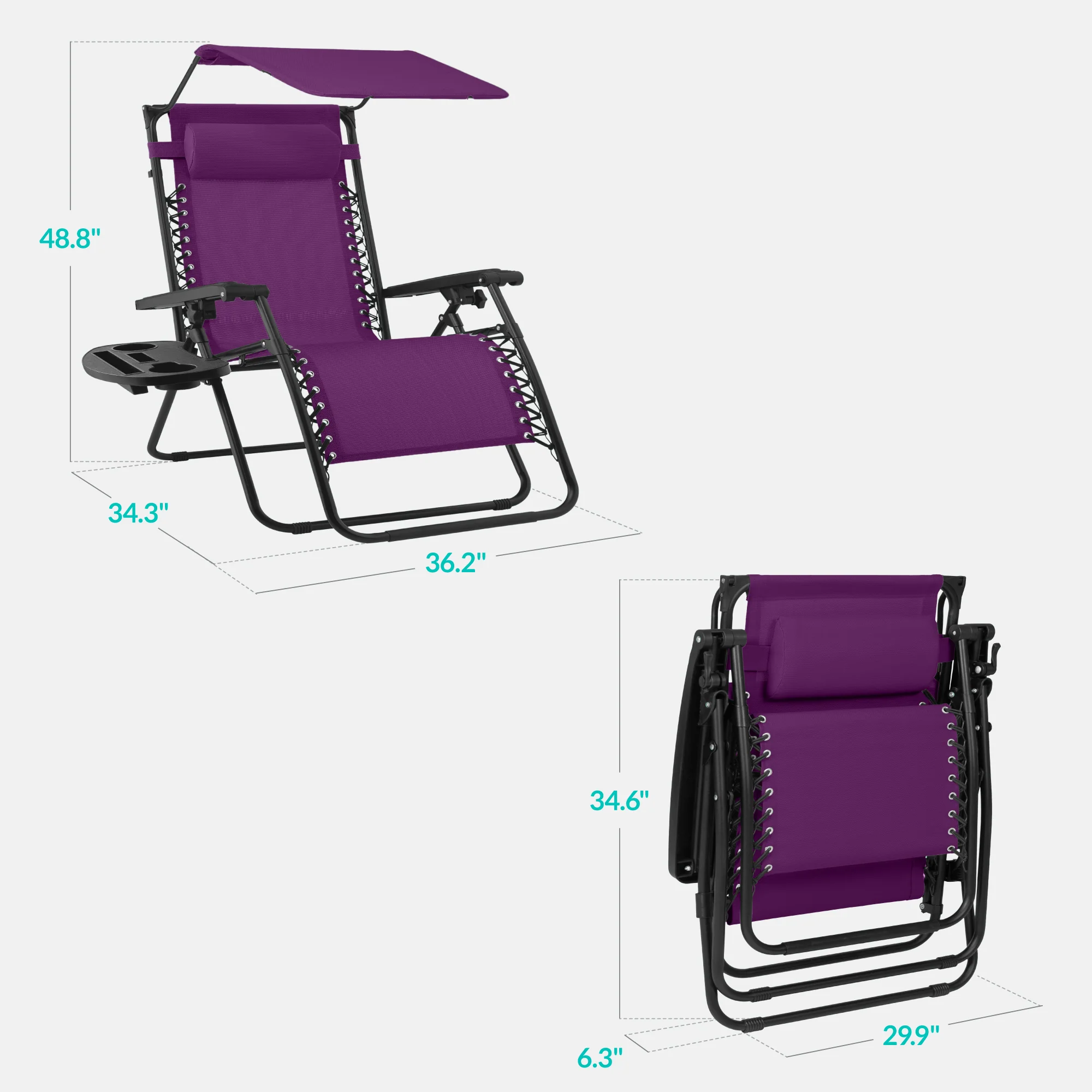 30" Wide Folding Zero Gravity Patio Lounge Chair w/Adjustable Canopy Shade - Image 83