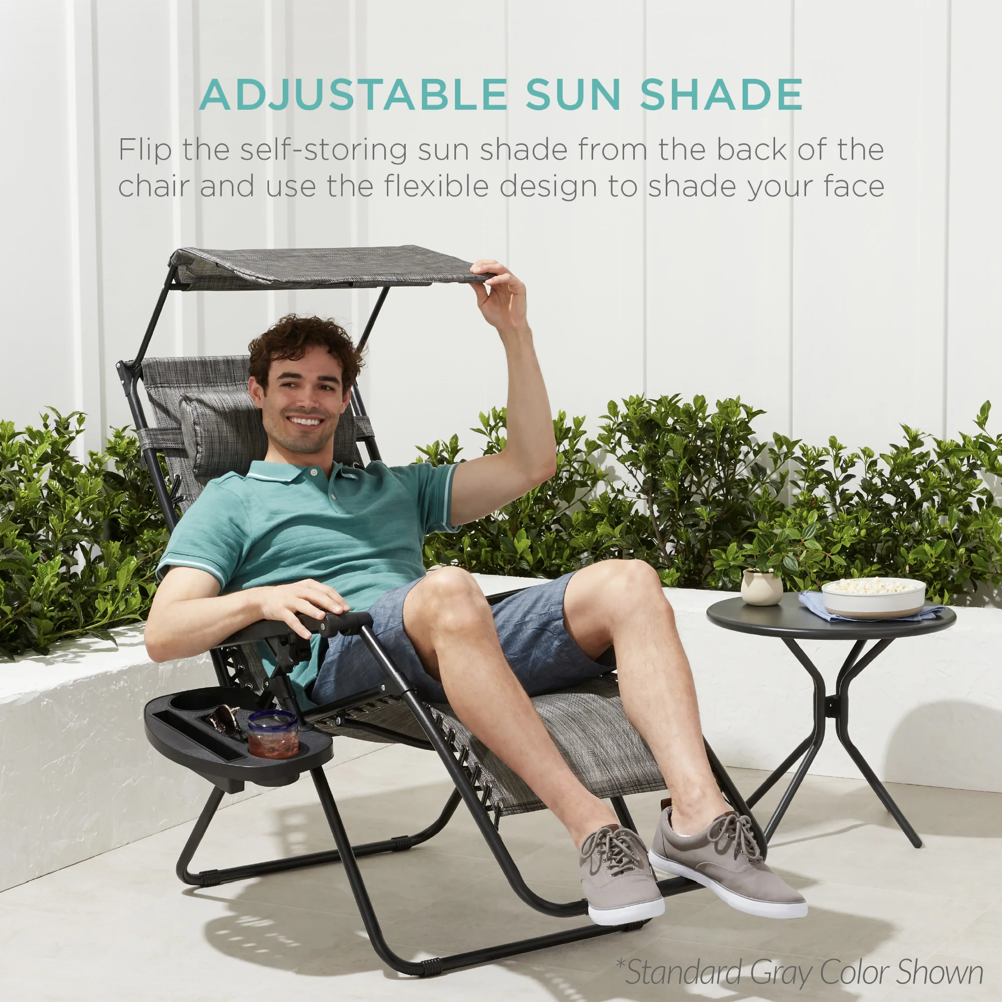 30" Wide Folding Zero Gravity Patio Lounge Chair w/Adjustable Canopy Shade - Image 95