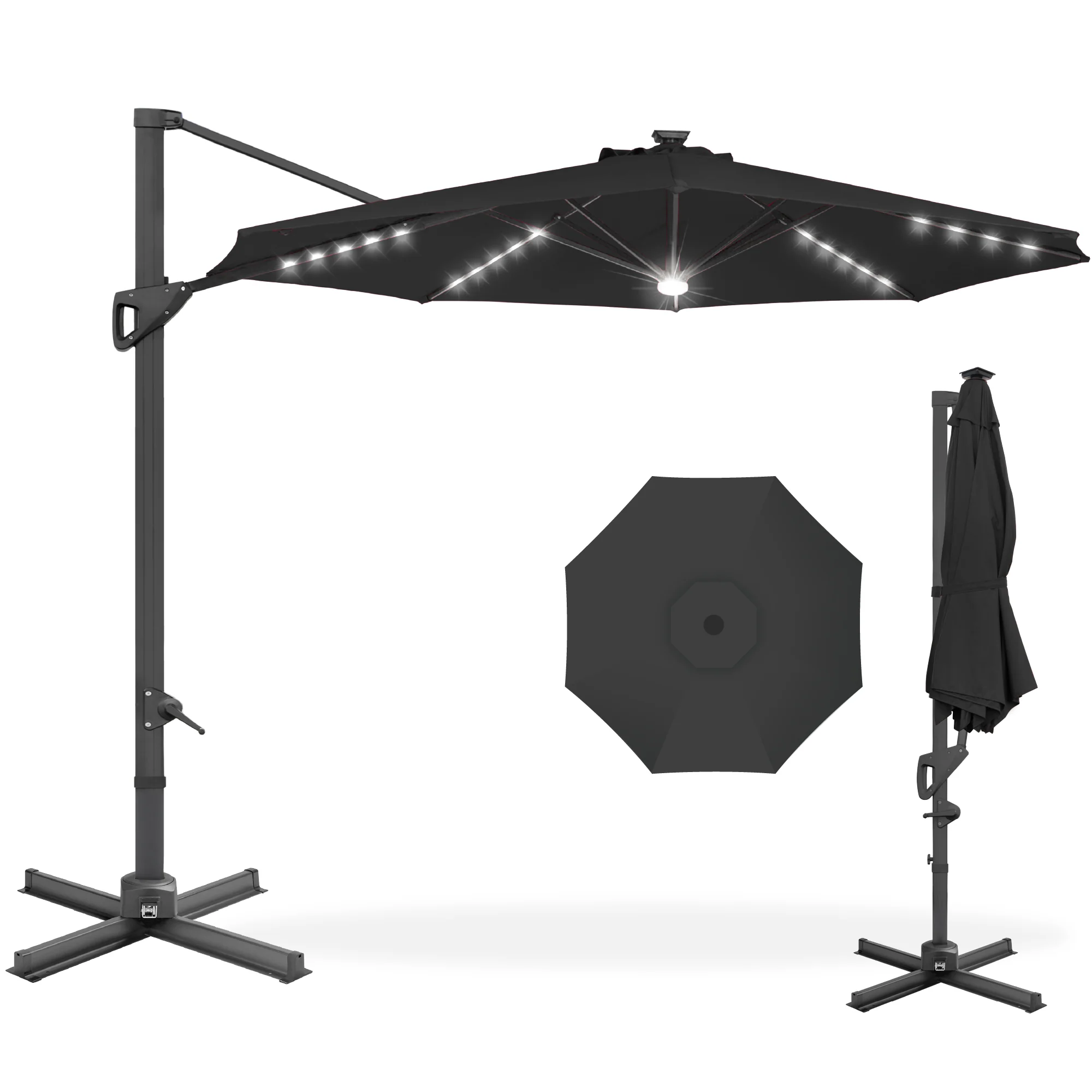 360-Degree Solar LED Cantilever Offset Patio Umbrella w/ Tilt - 10ft - Image 148
