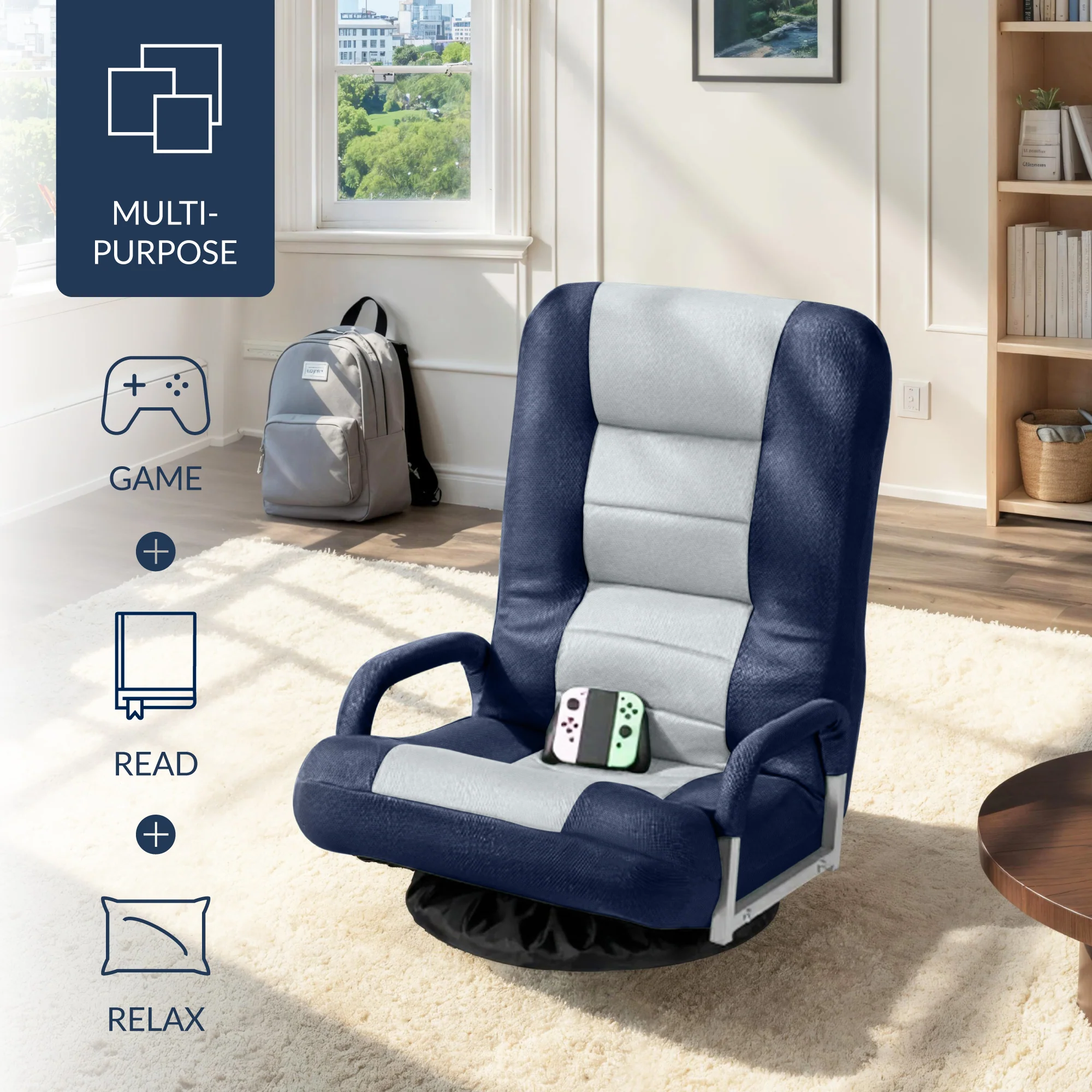 Gaming Floor Chair w/ 360-Degree Swivel, Armrest, Adjustable Backrest - Image 134