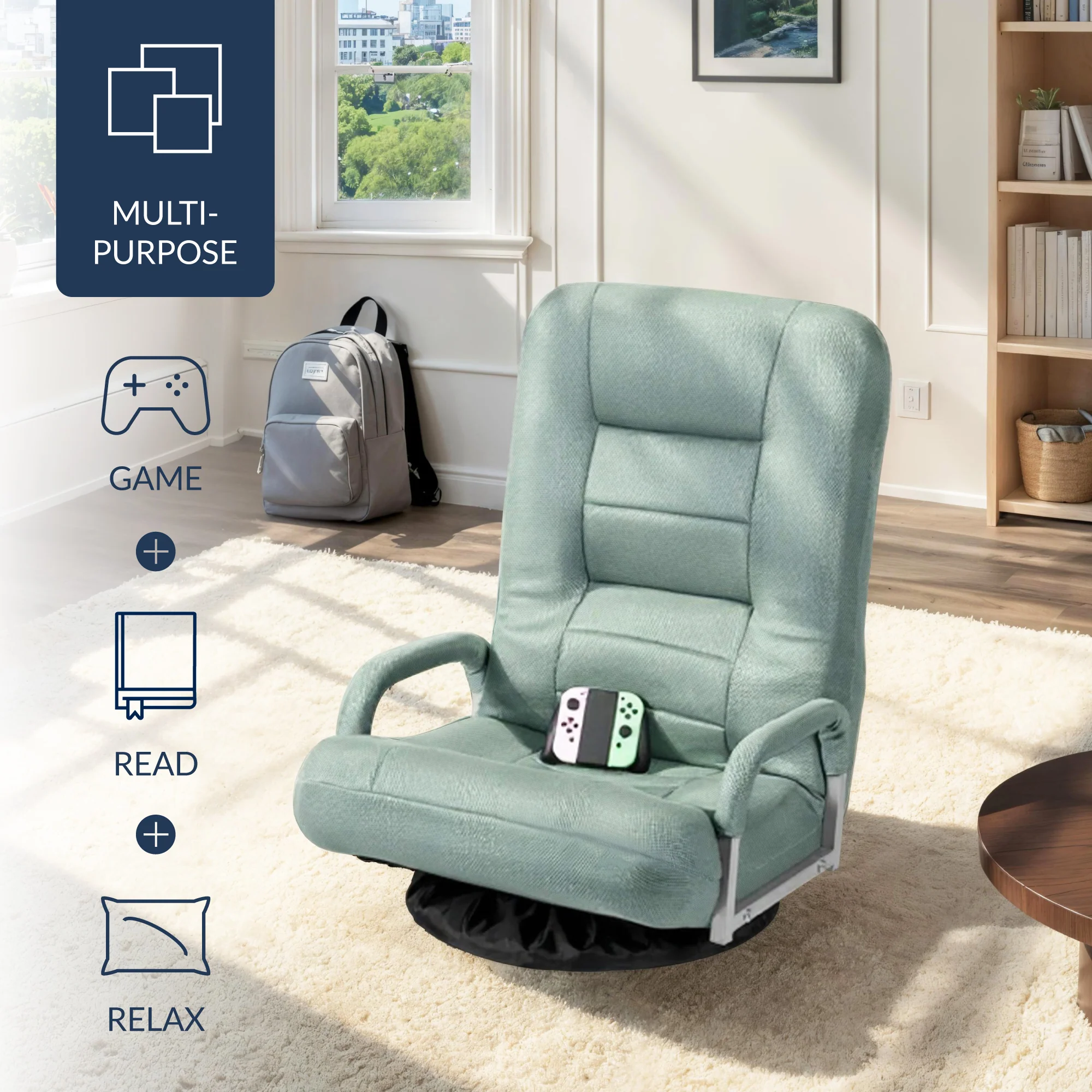 Gaming Floor Chair w/ 360-Degree Swivel, Armrest, Adjustable Backrest - Image 46