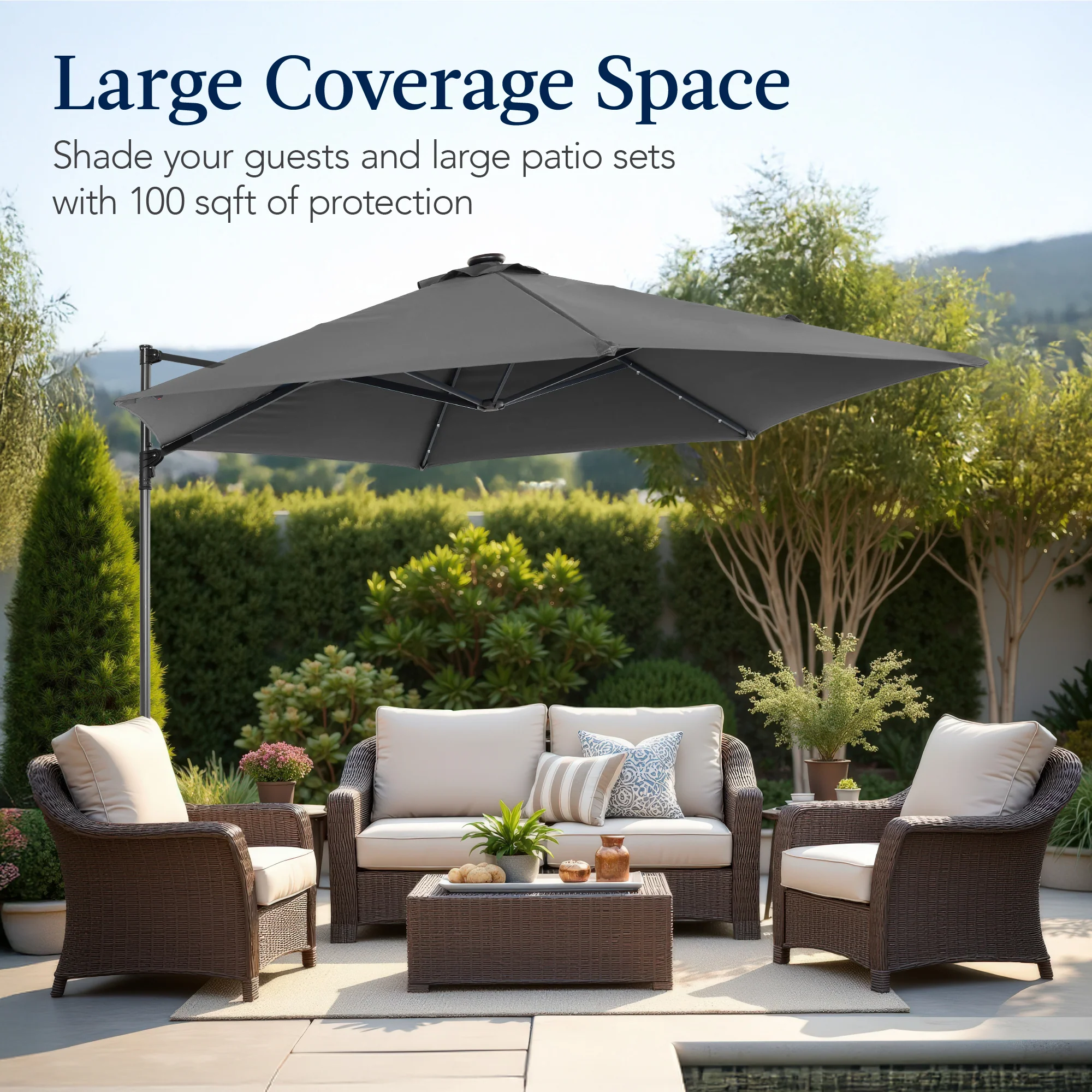 360 LED Rotating Cantilever Offset Patio Umbrella - 10ft - Image 23