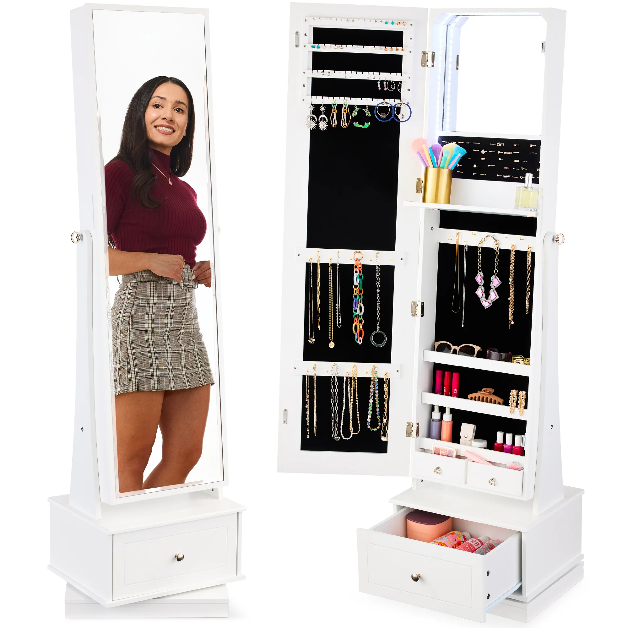360 Swivel Mirrored Jewelry Cabinet Armoire w/ LED Lights, Mirror - Image 10