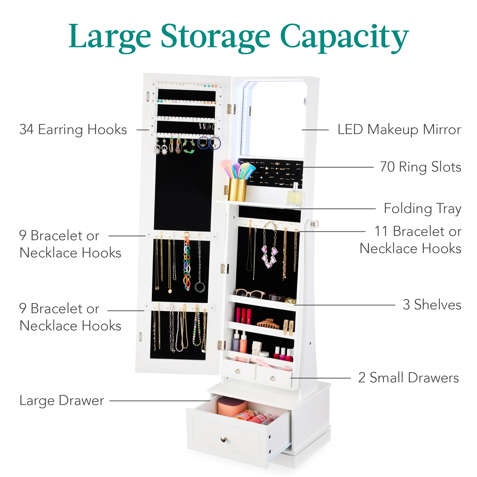 360 Swivel Mirrored Jewelry Cabinet Armoire w/ LED Lights, Mirror - Image 14
