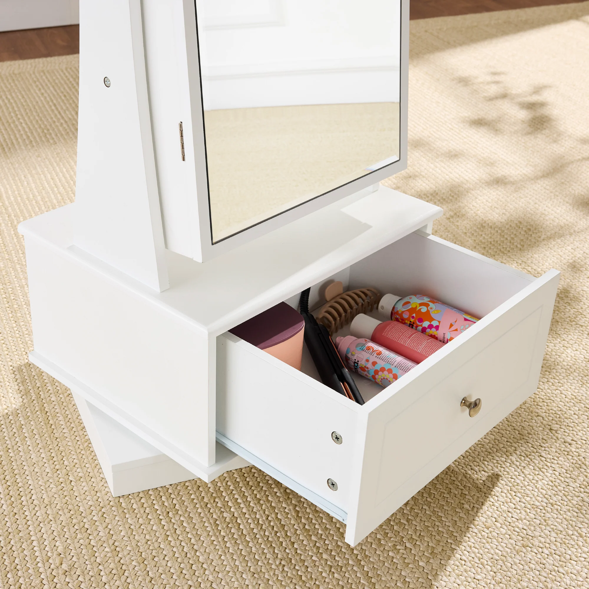 360 Swivel Mirrored Jewelry Cabinet Armoire w/ LED Lights, Mirror - Image 17
