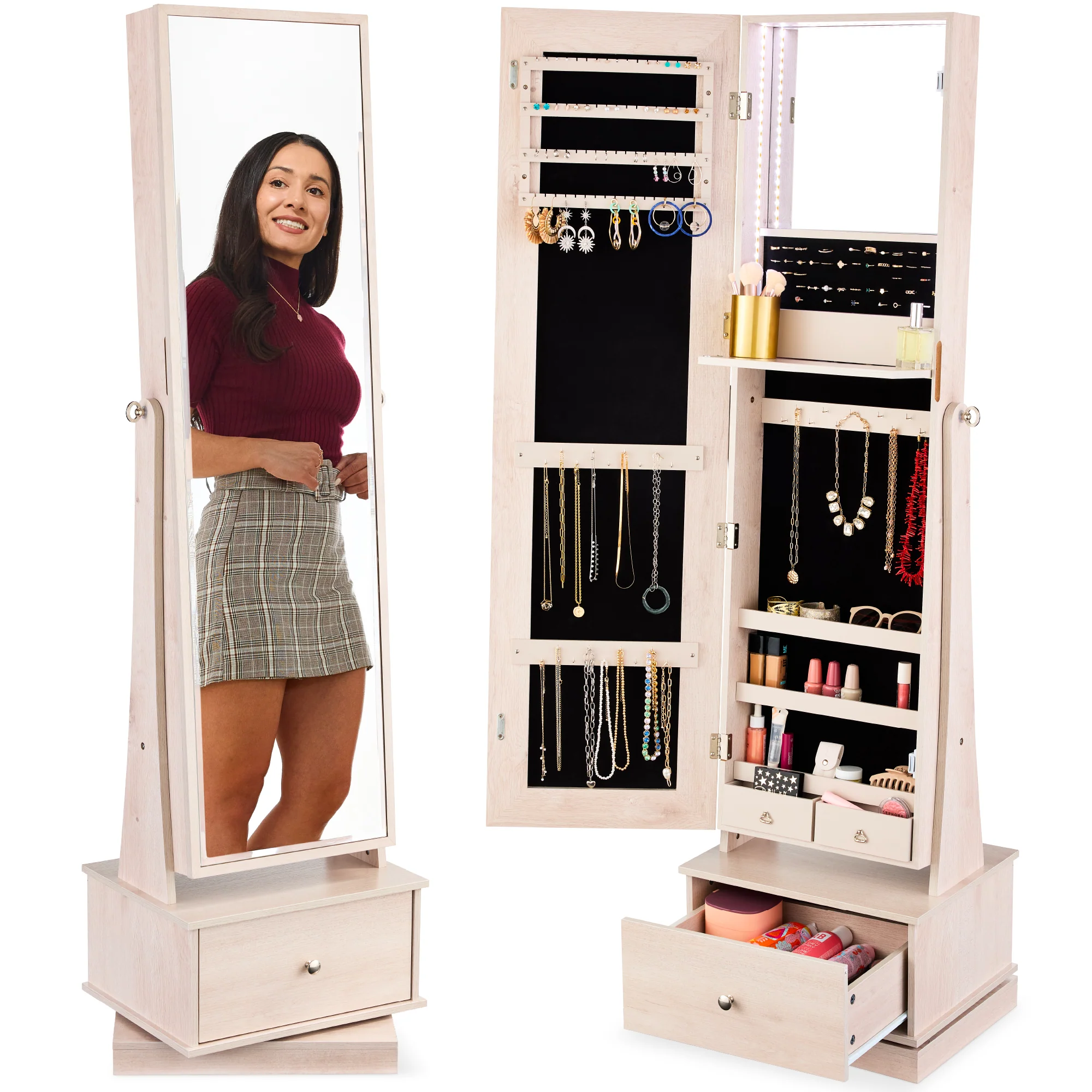 360 Swivel Mirrored Jewelry Cabinet Armoire w/ LED Lights, Mirror - Image 19