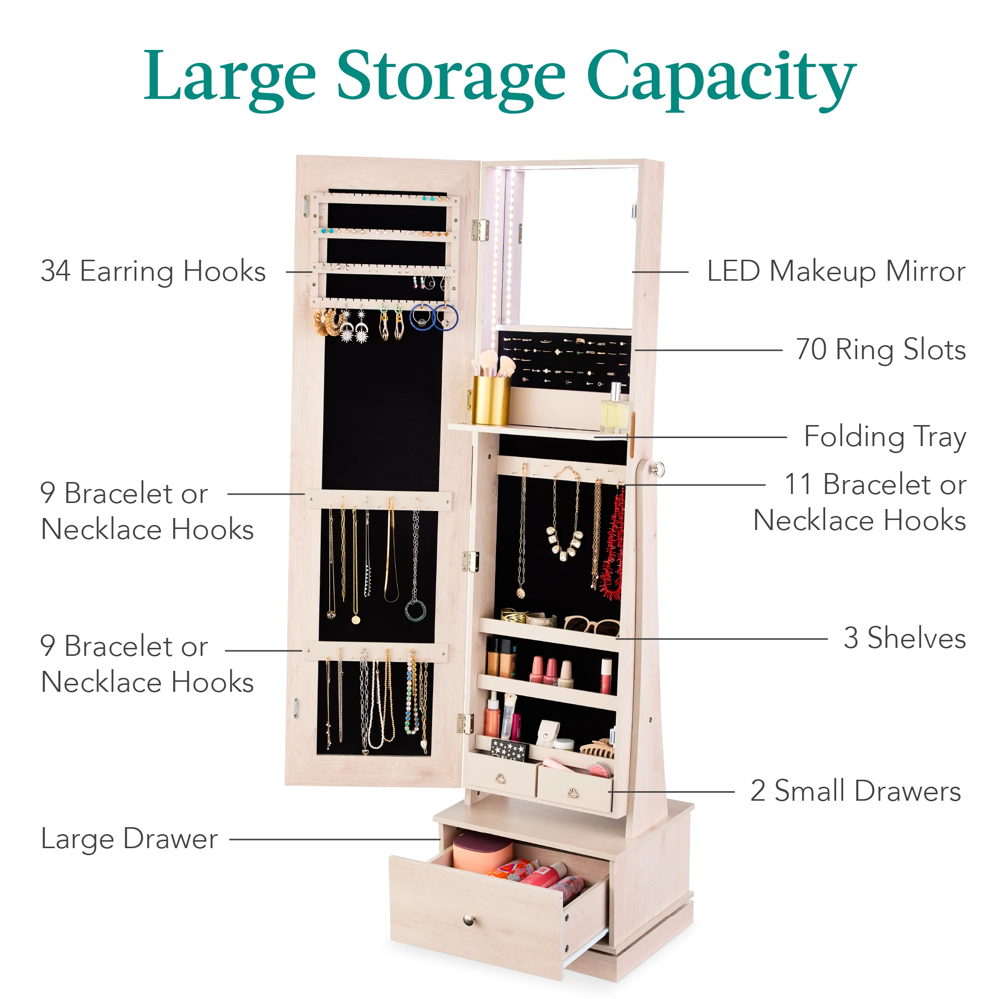 360 Swivel Mirrored Jewelry Cabinet Armoire w/ LED Lights, Mirror - Image 23