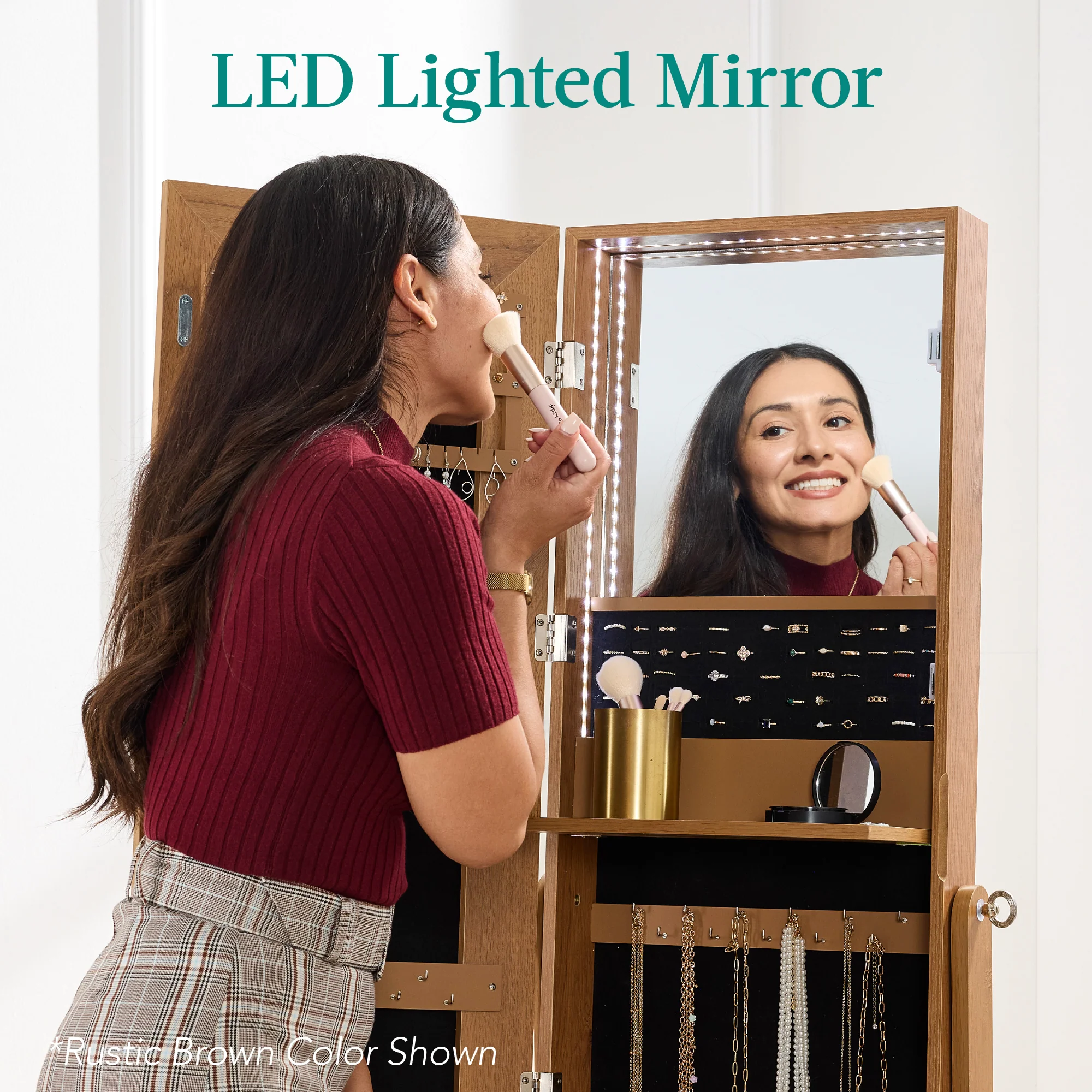 360 Swivel Mirrored Jewelry Cabinet Armoire w/ LED Lights, Mirror - Image 24