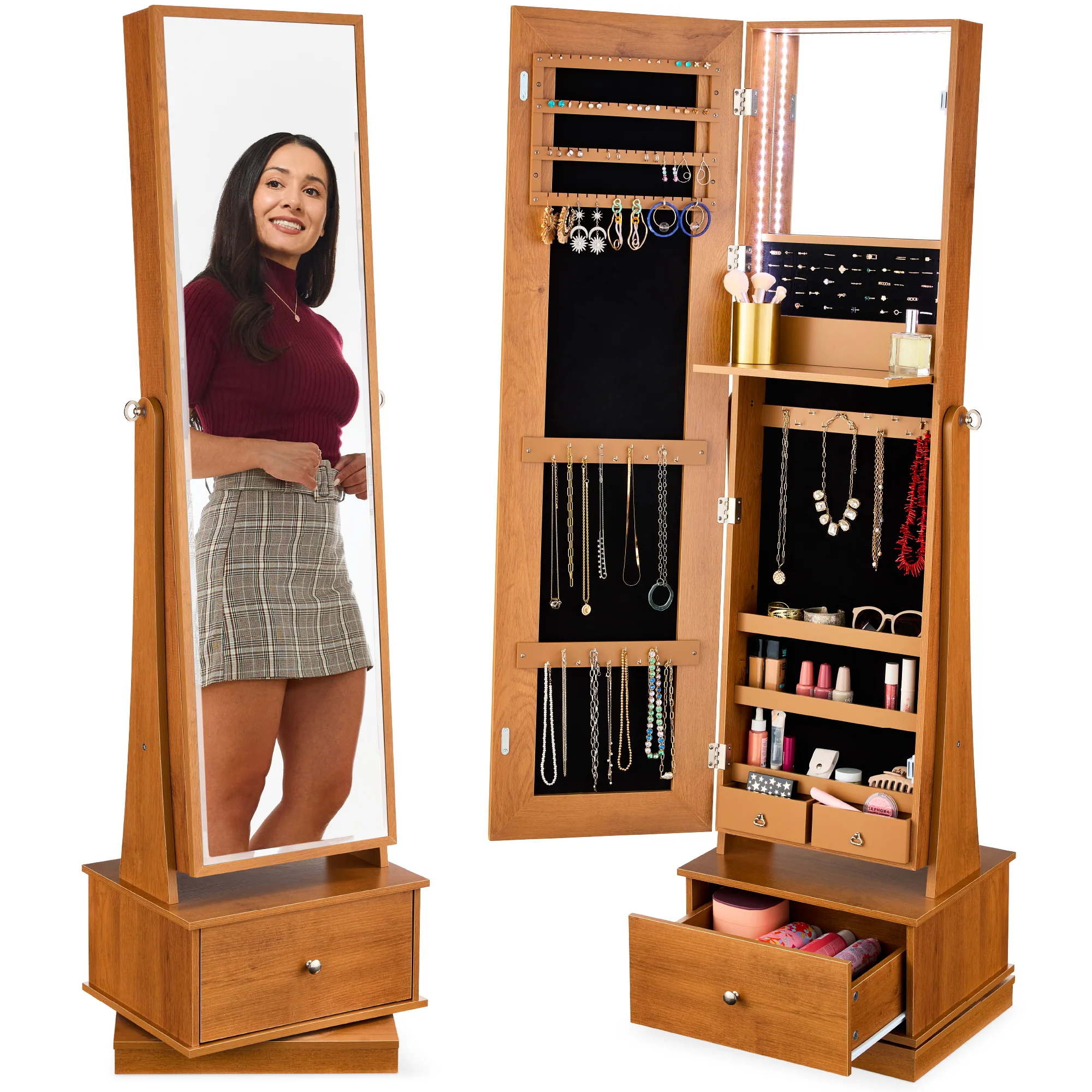 360 Swivel Mirrored Jewelry Cabinet Armoire w/ LED Lights, Mirror - Image 28