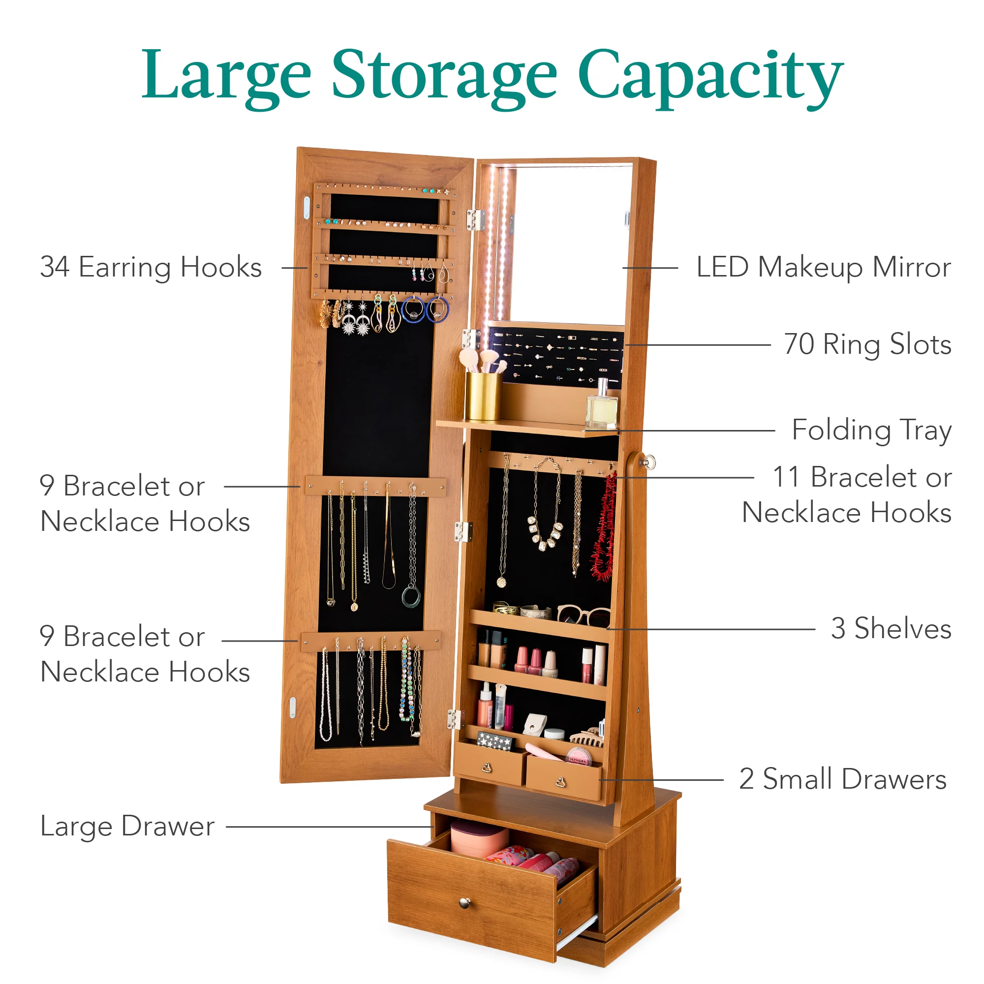 360 Swivel Mirrored Jewelry Cabinet Armoire w/ LED Lights, Mirror - Image 32