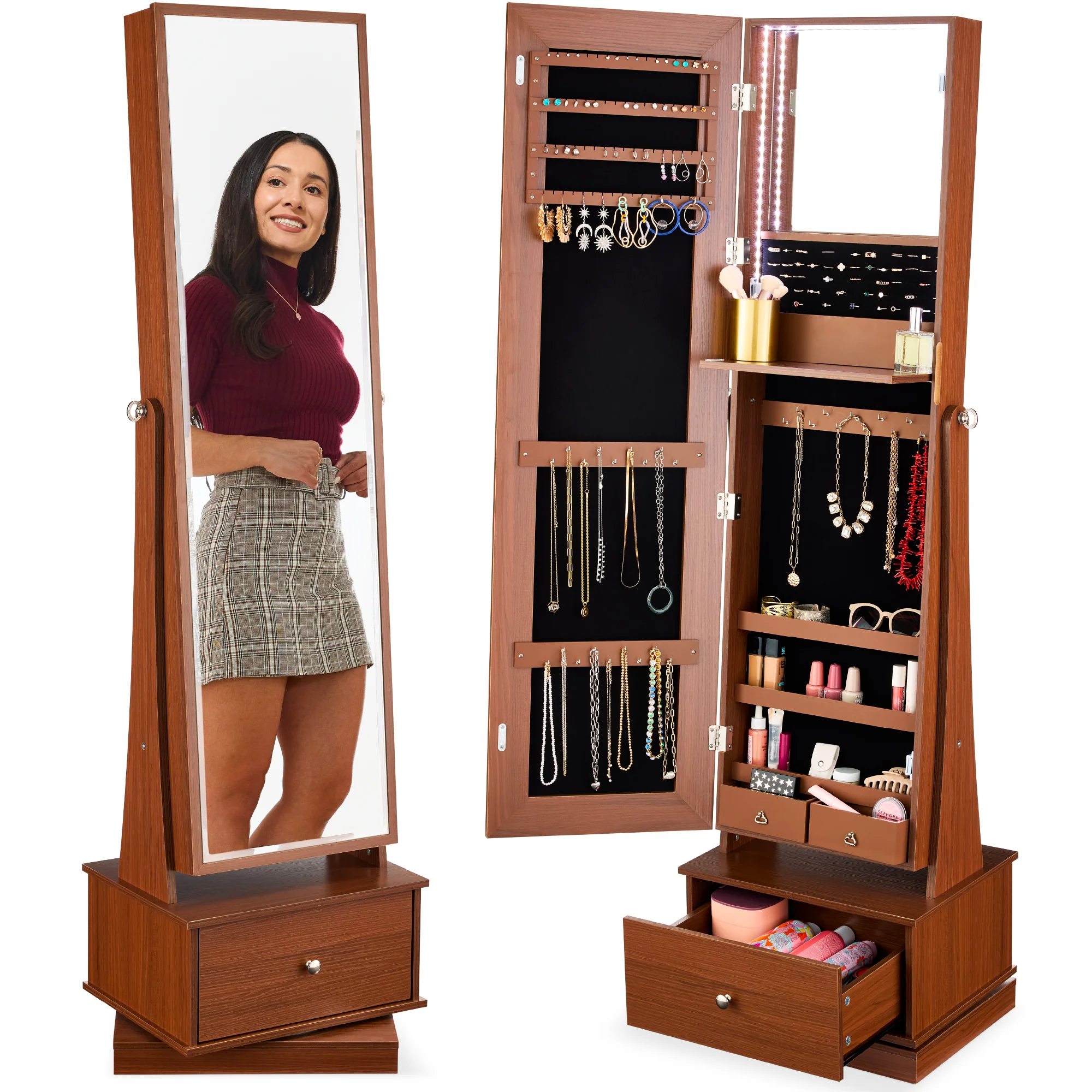 360 Swivel Mirrored Jewelry Cabinet Armoire w/ LED Lights, Mirror - Image 37