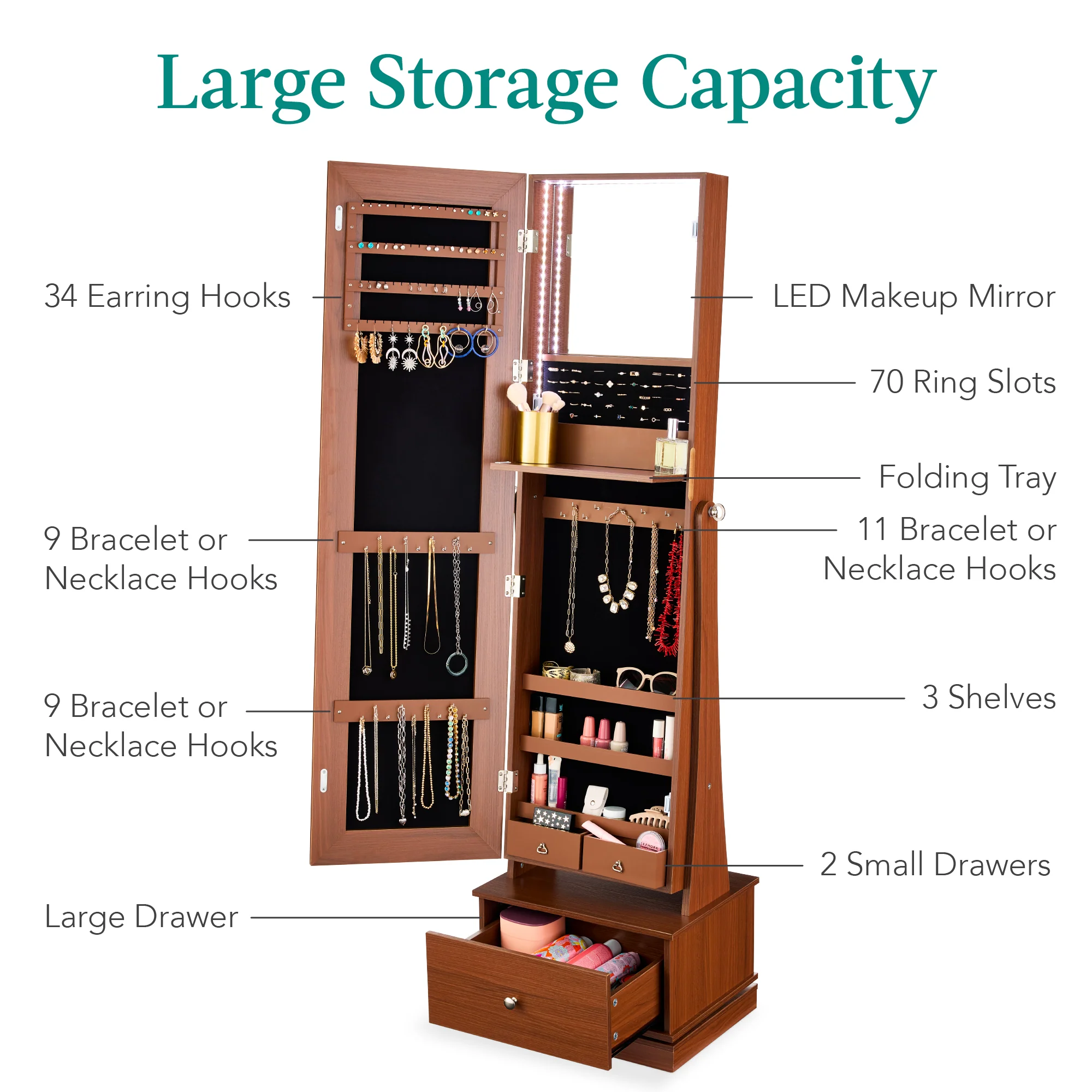 360 Swivel Mirrored Jewelry Cabinet Armoire w/ LED Lights, Mirror - Image 41