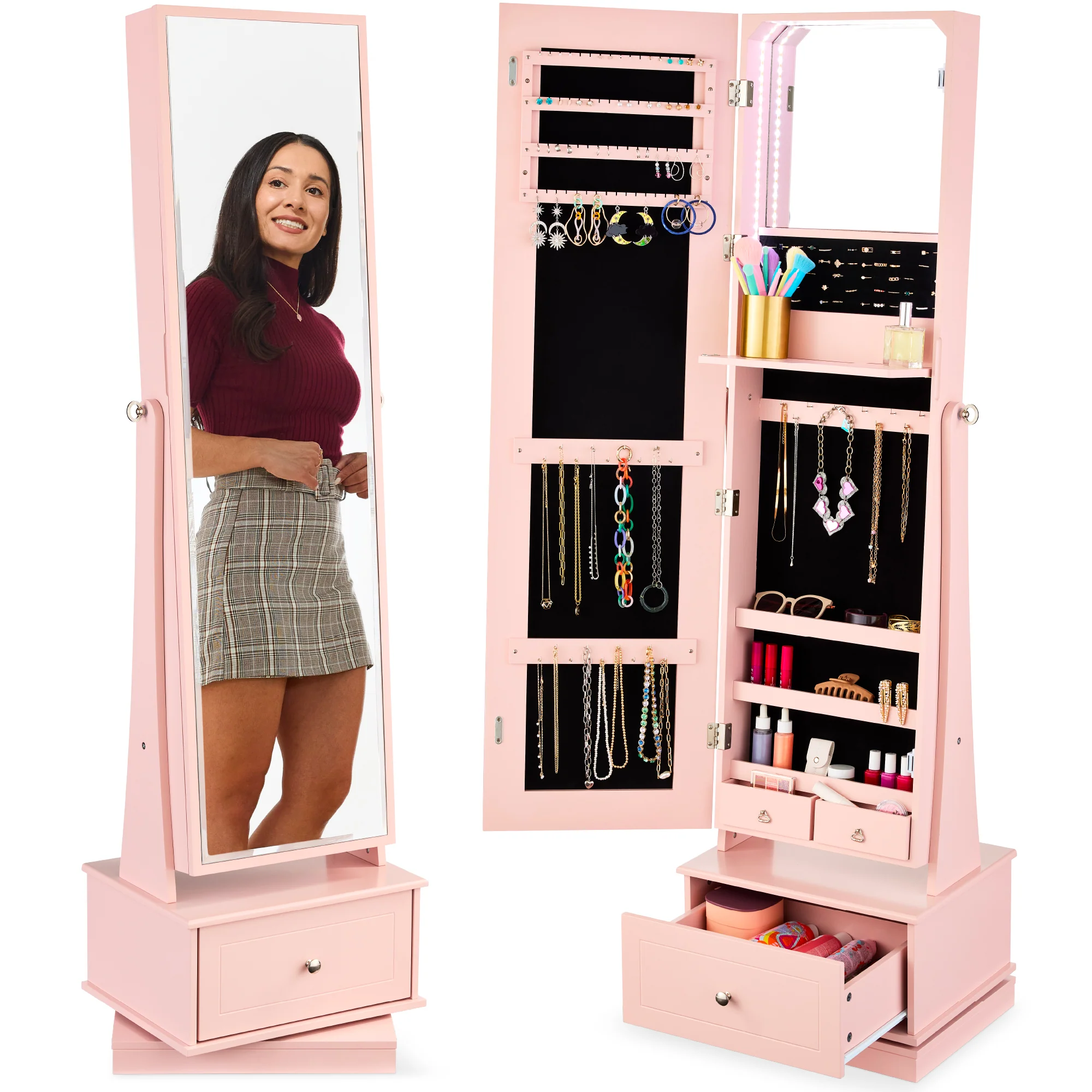 360 Swivel Mirrored Jewelry Cabinet Armoire w/ LED Lights, Mirror - Image 46