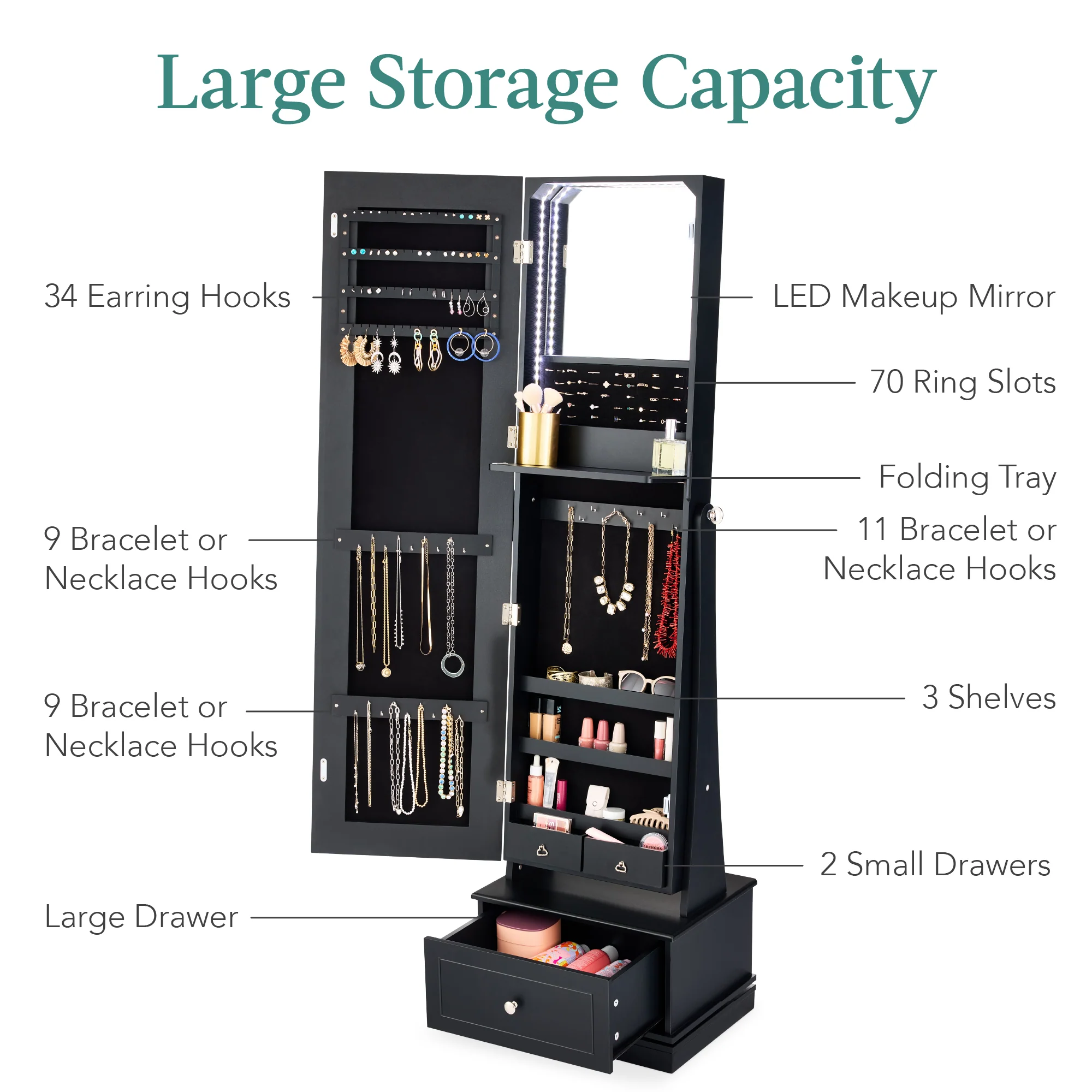 360 Swivel Mirrored Jewelry Cabinet Armoire w/ LED Lights, Mirror - Image 5