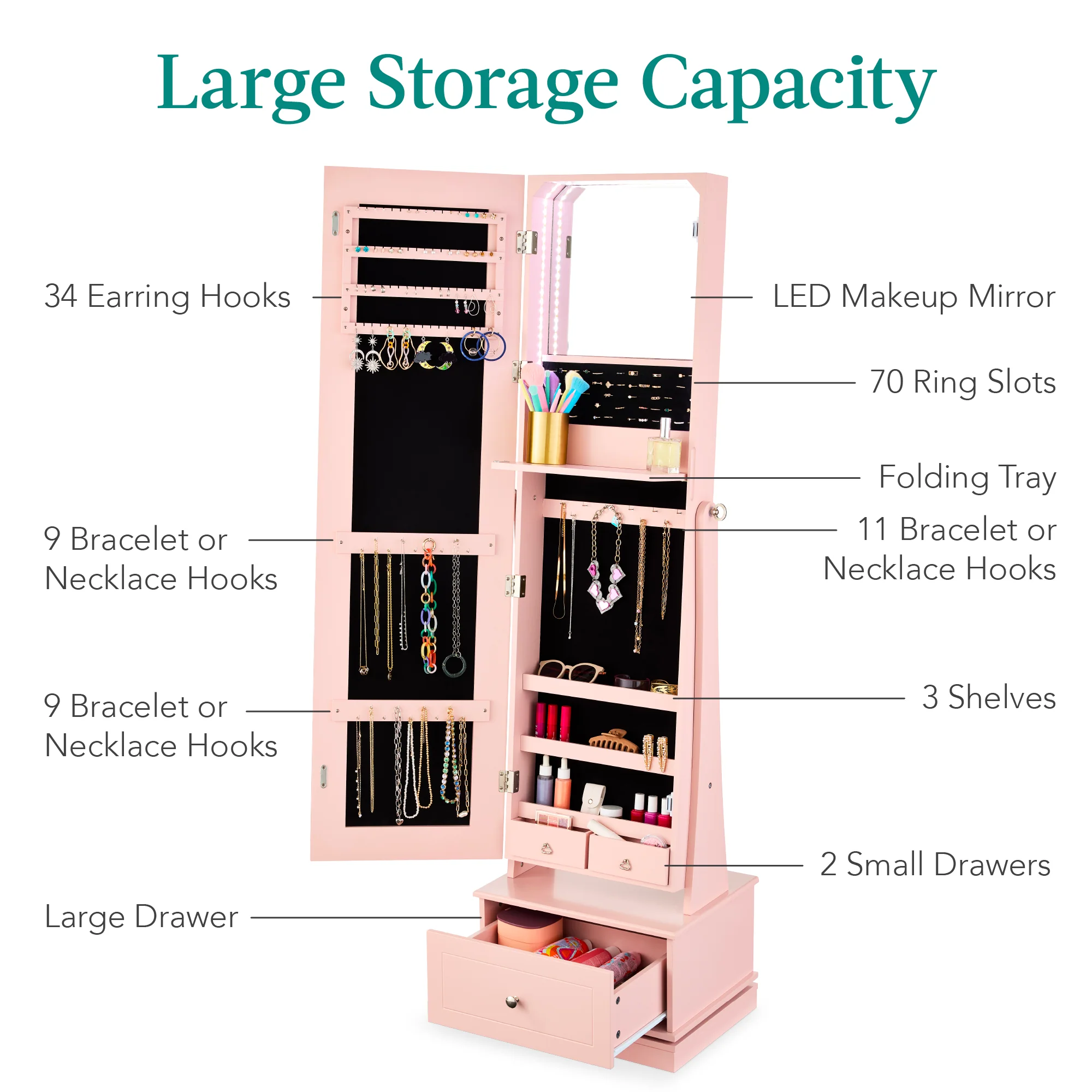 360 Swivel Mirrored Jewelry Cabinet Armoire w/ LED Lights, Mirror - Image 50