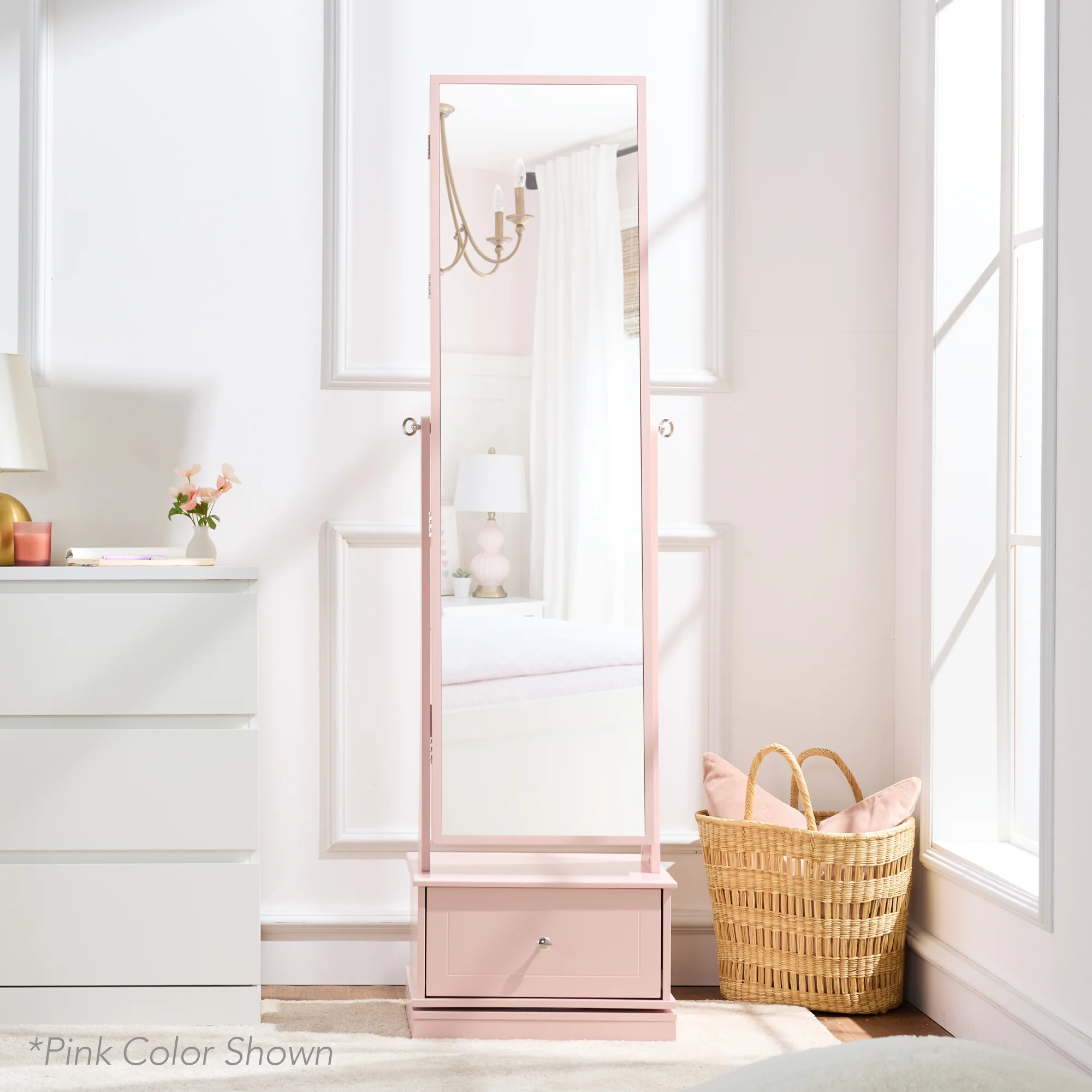 360 Swivel Mirrored Jewelry Cabinet Armoire w/ LED Lights, Mirror - Image 7