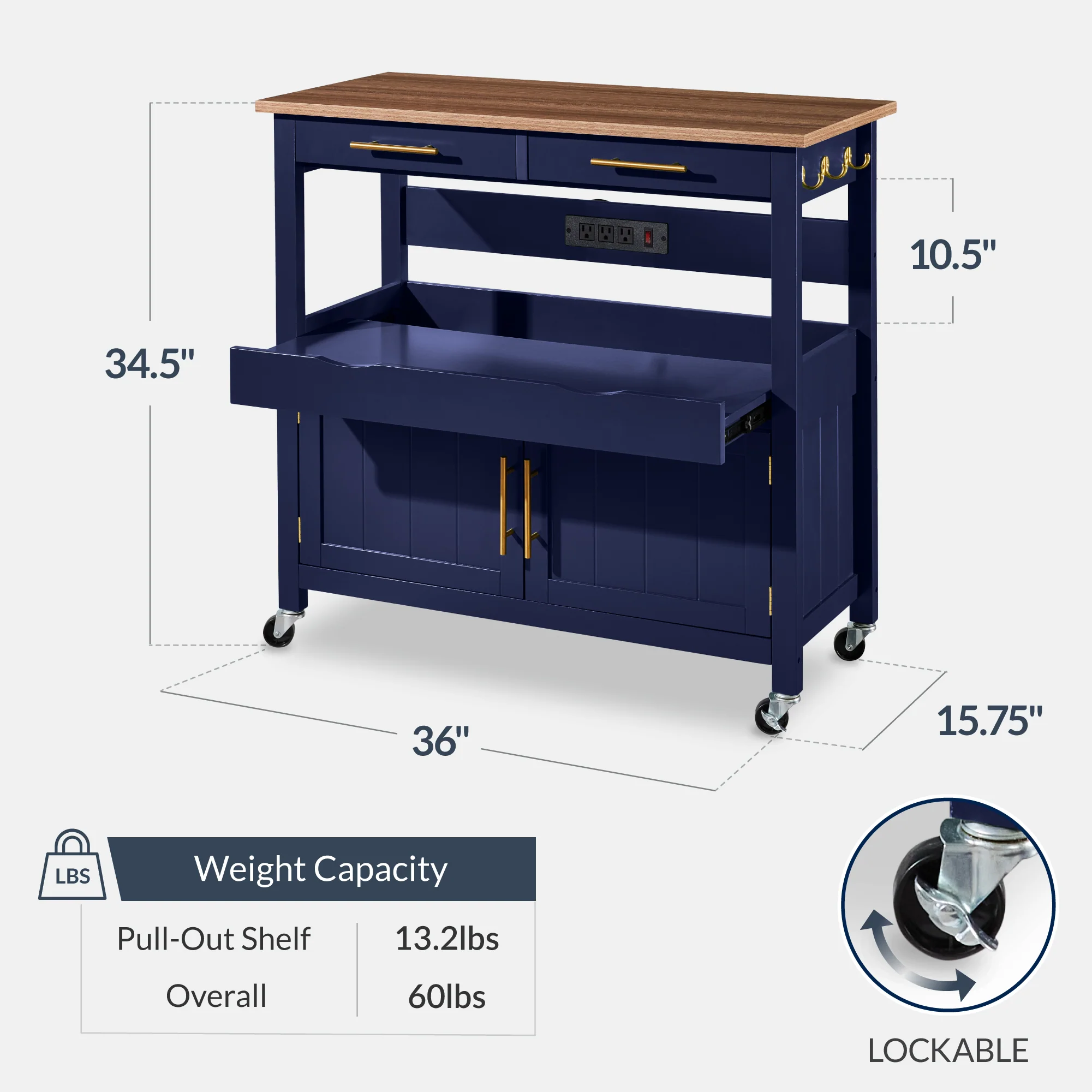 36in Large Rolling Kitchen Island Cart, 2-Door Cabinet, Outlet, & Wheels - Image 10