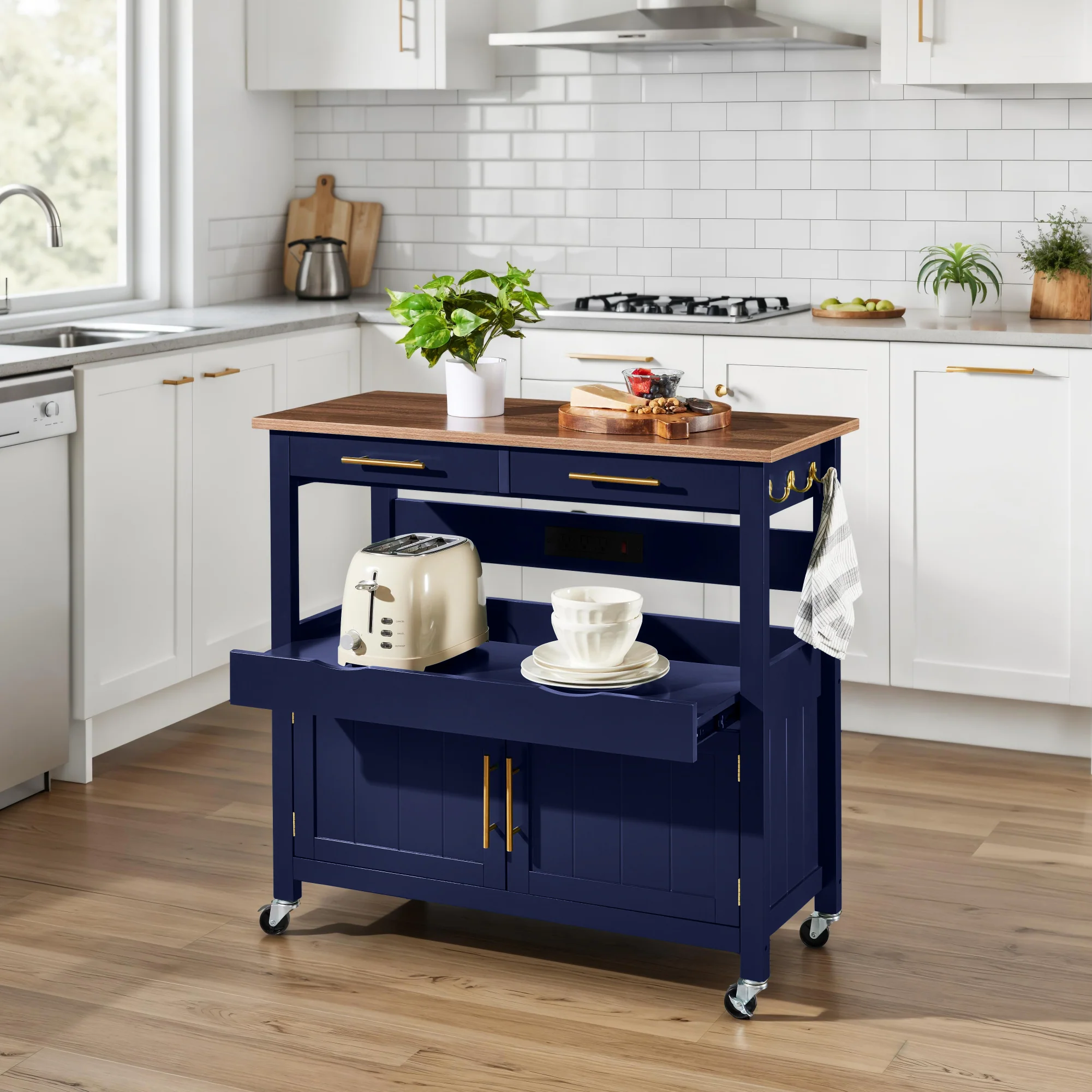 36in Large Rolling Kitchen Island Cart, 2-Door Cabinet, Outlet, & Wheels - Image 15