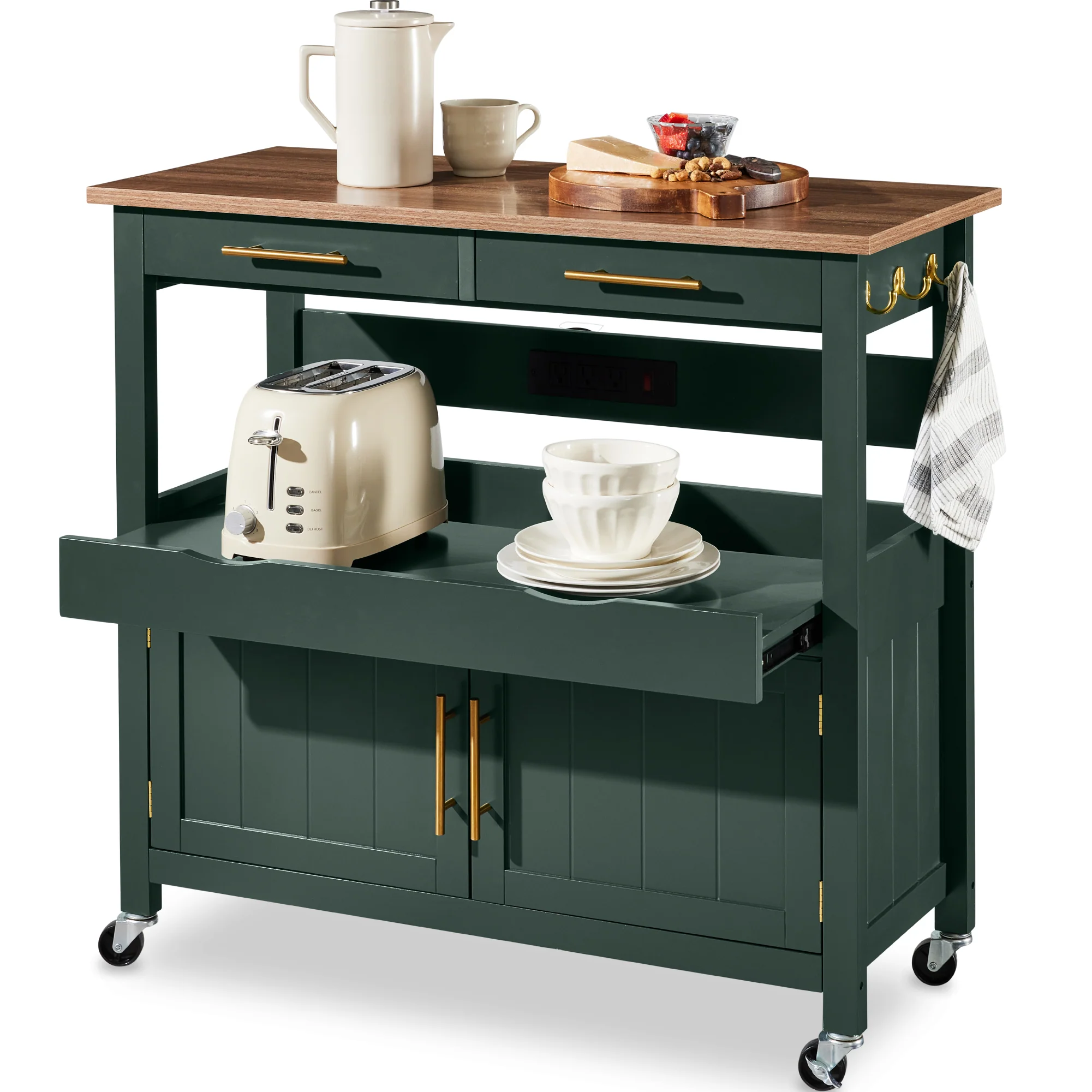 36in Large Rolling Kitchen Island Cart, 2-Door Cabinet, Outlet, & Wheels - Image 25