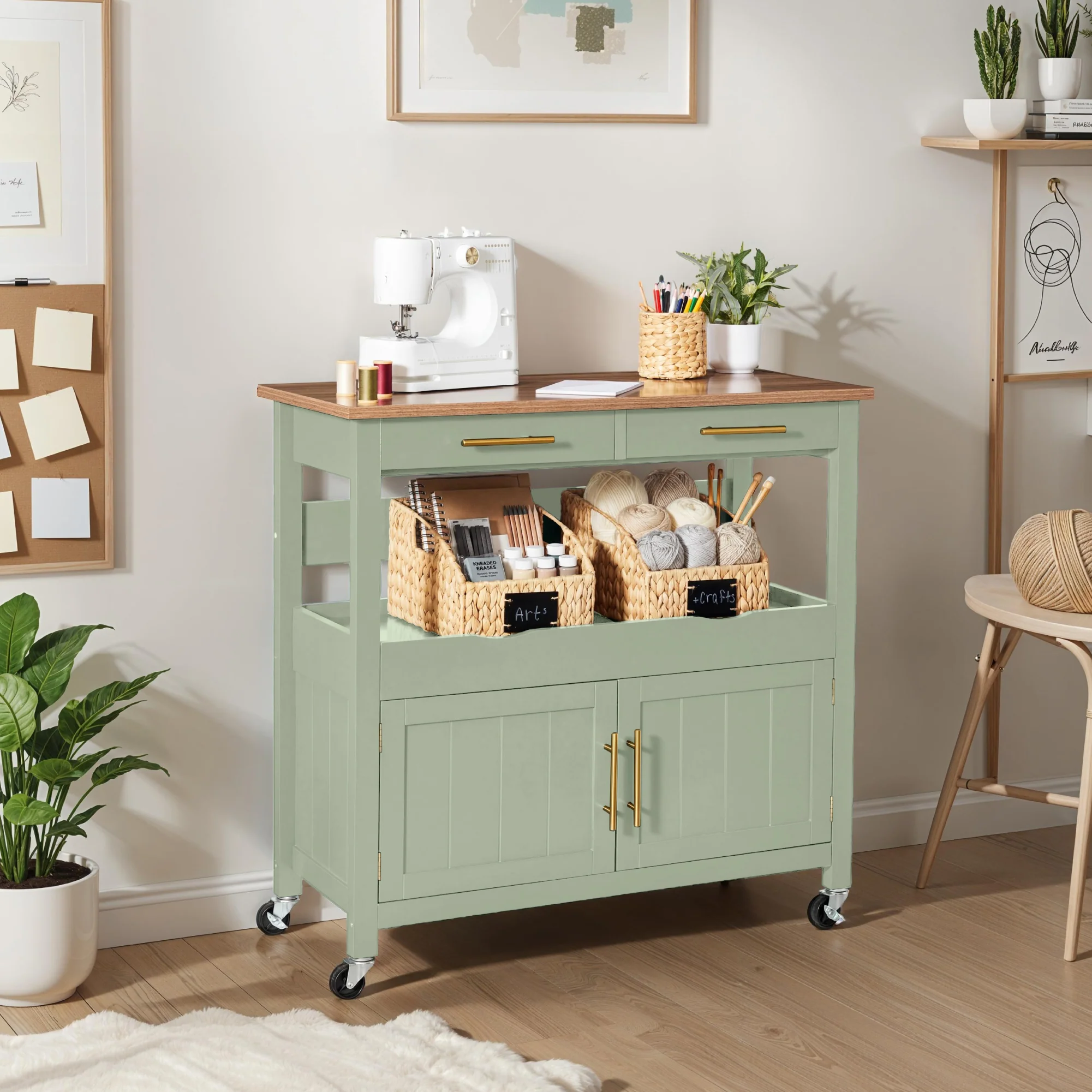 36in Large Rolling Kitchen Island Cart, 2-Door Cabinet, Outlet, & Wheels - Image 40