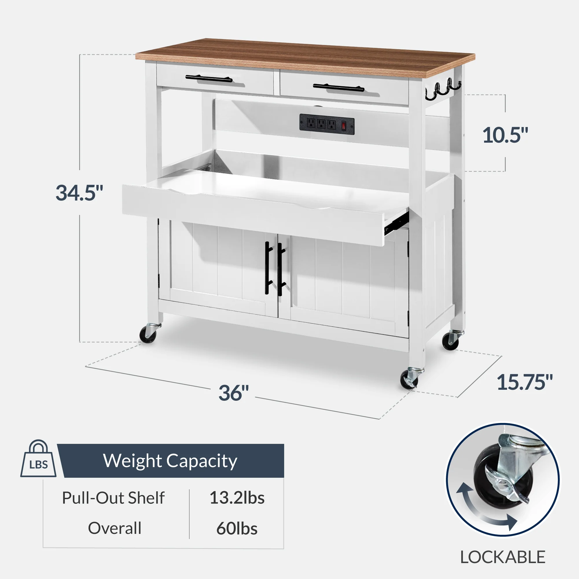 36in Large Rolling Kitchen Island Cart, 2-Door Cabinet, Outlet, & Wheels - Image 42