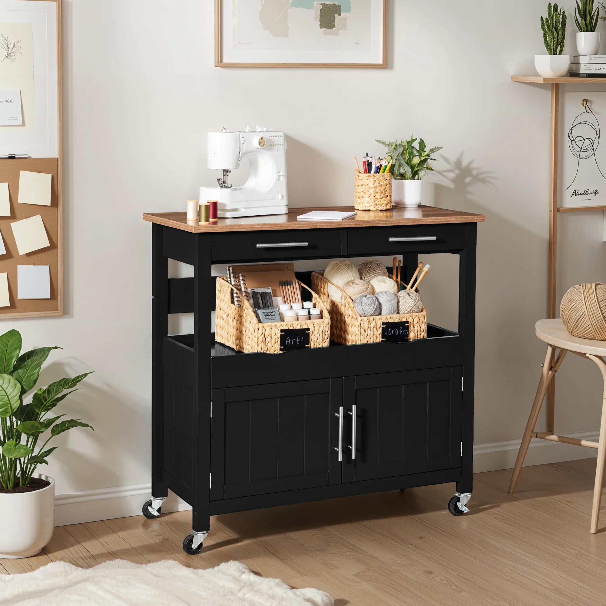 36in Large Rolling Kitchen Island Cart, 2-Door Cabinet, Outlet, & Wheels - Image 8