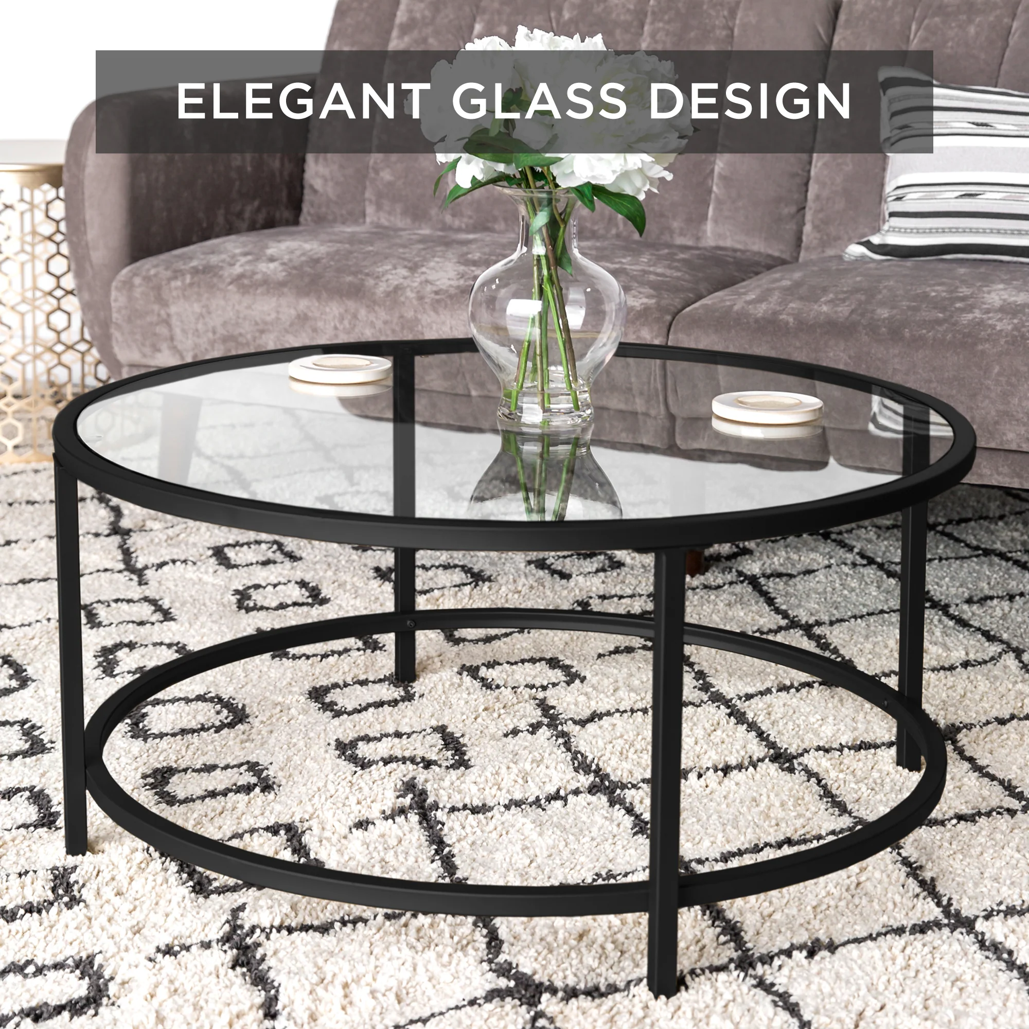 Round Tempered Glass Coffee Table w/ Steel Frame - 36in - Image 16