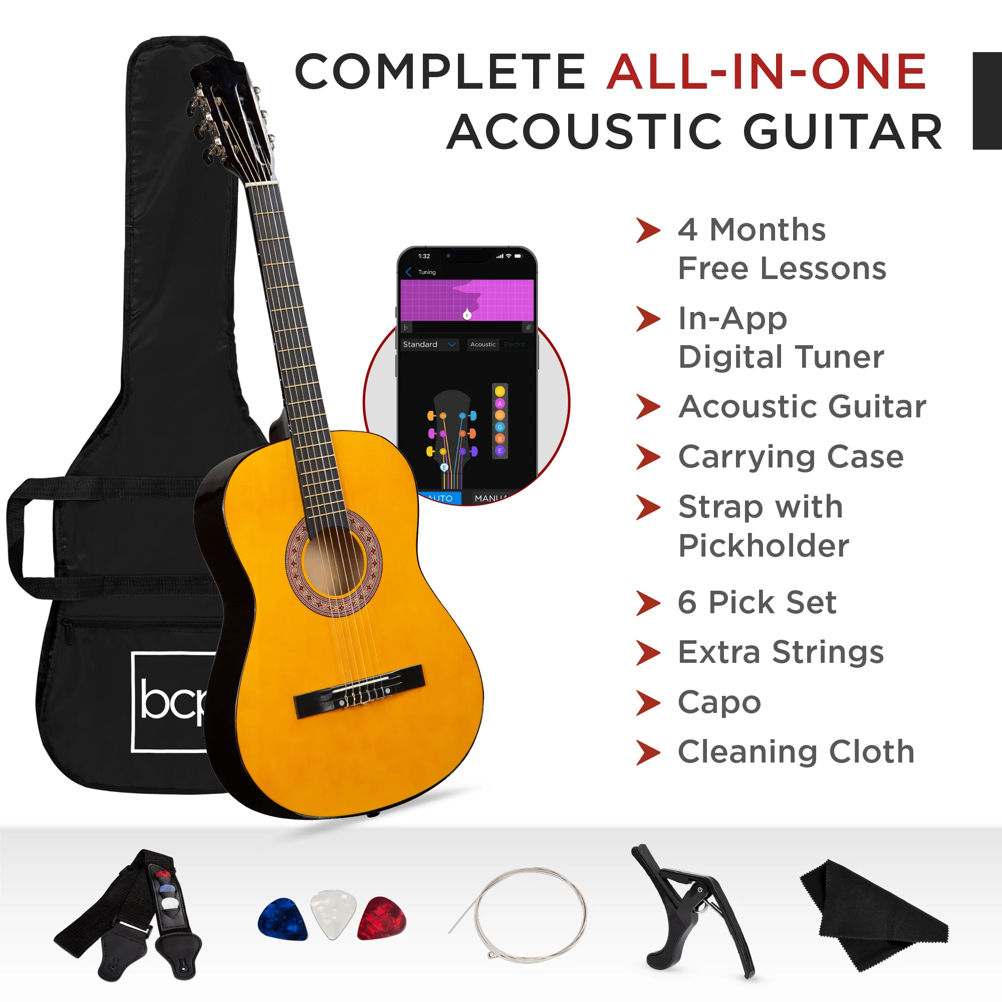 Beginner Acoustic Guitar Set w/ Case, Strap, Extra Strings - 38in - Image 107