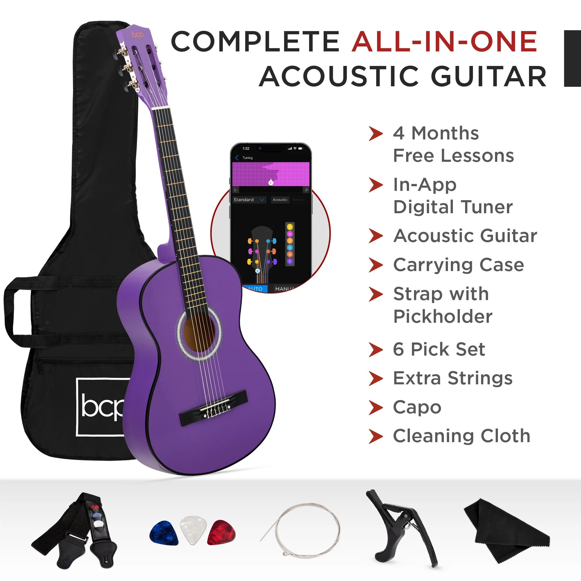 Beginner Acoustic Guitar Set w/ Case, Strap, Extra Strings - 38in - Image 11