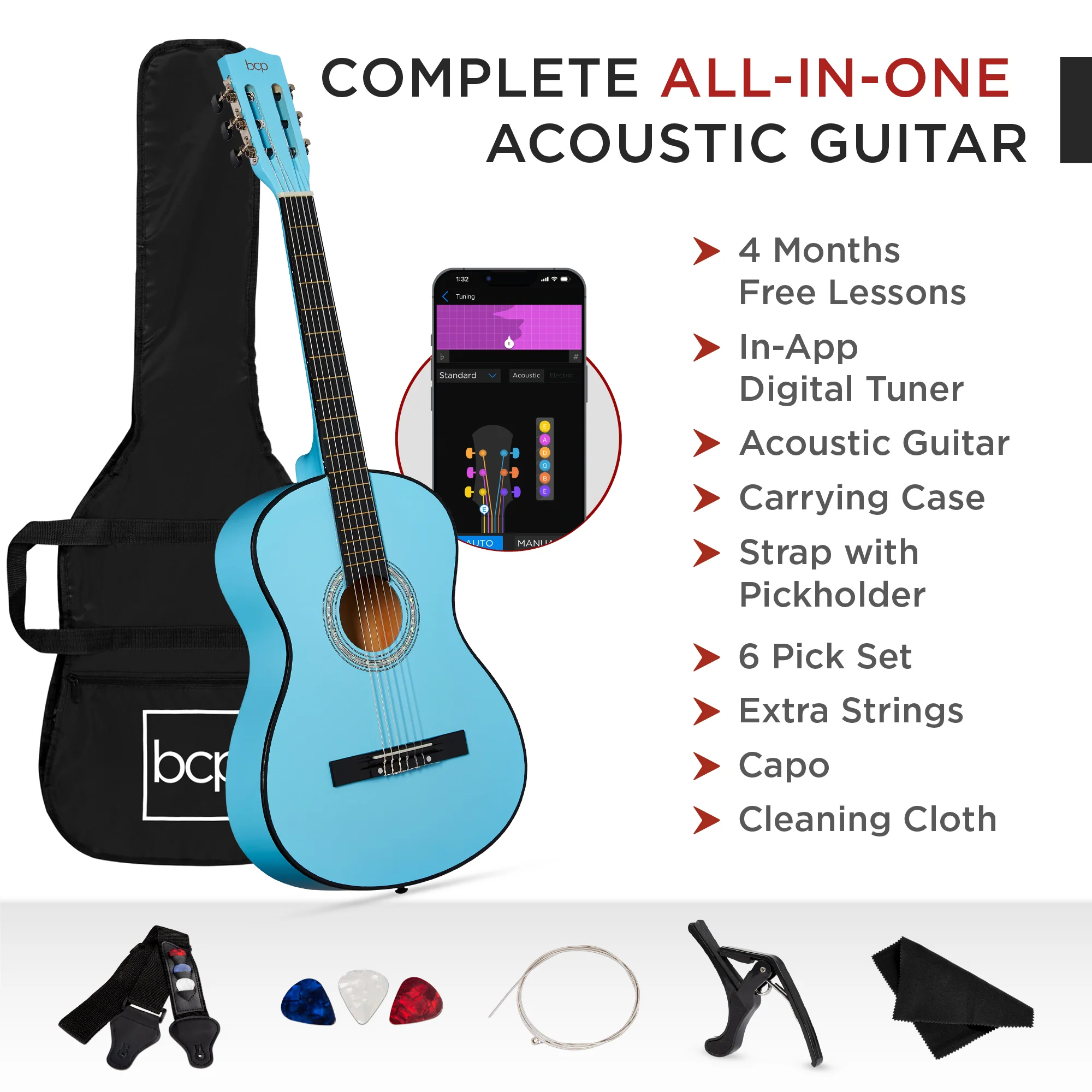 Beginner Acoustic Guitar Set w/ Case, Strap, Extra Strings - 38in - Image 59