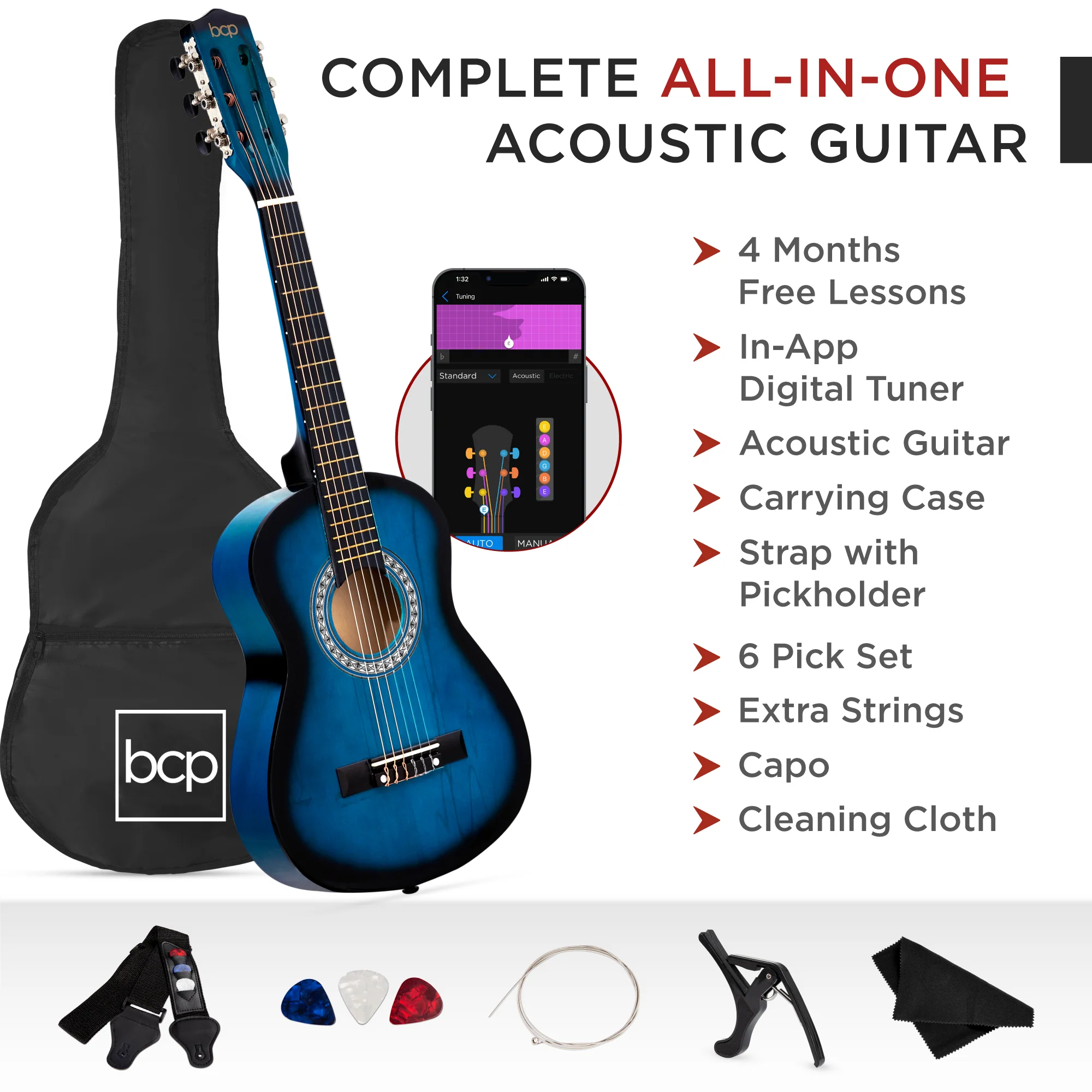 Beginner Acoustic Guitar Set w/ Case, Strap, Extra Strings - 38in - Image 83