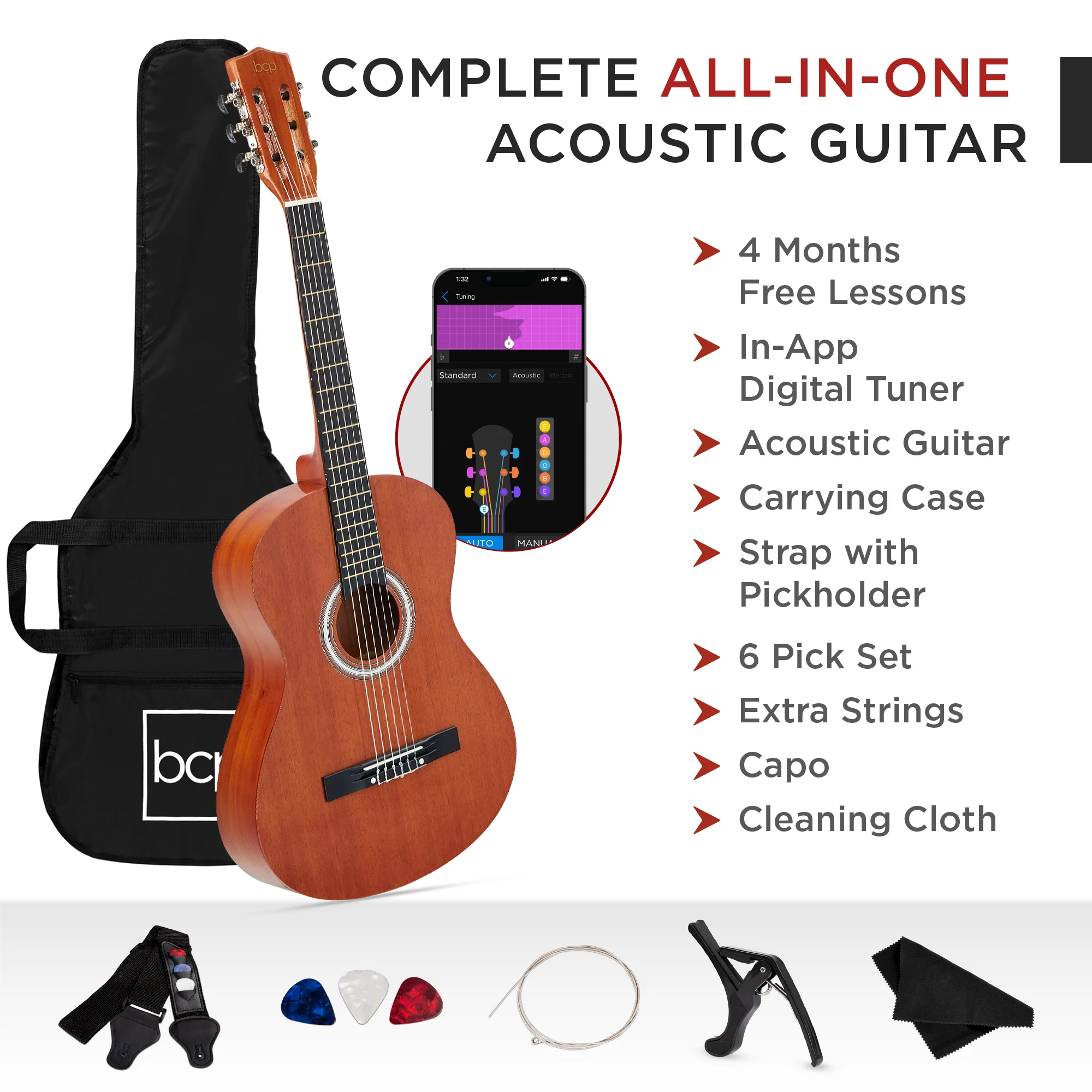 Beginner Acoustic Guitar Set w/ Case, Strap, Extra Strings - 38in - Image 99