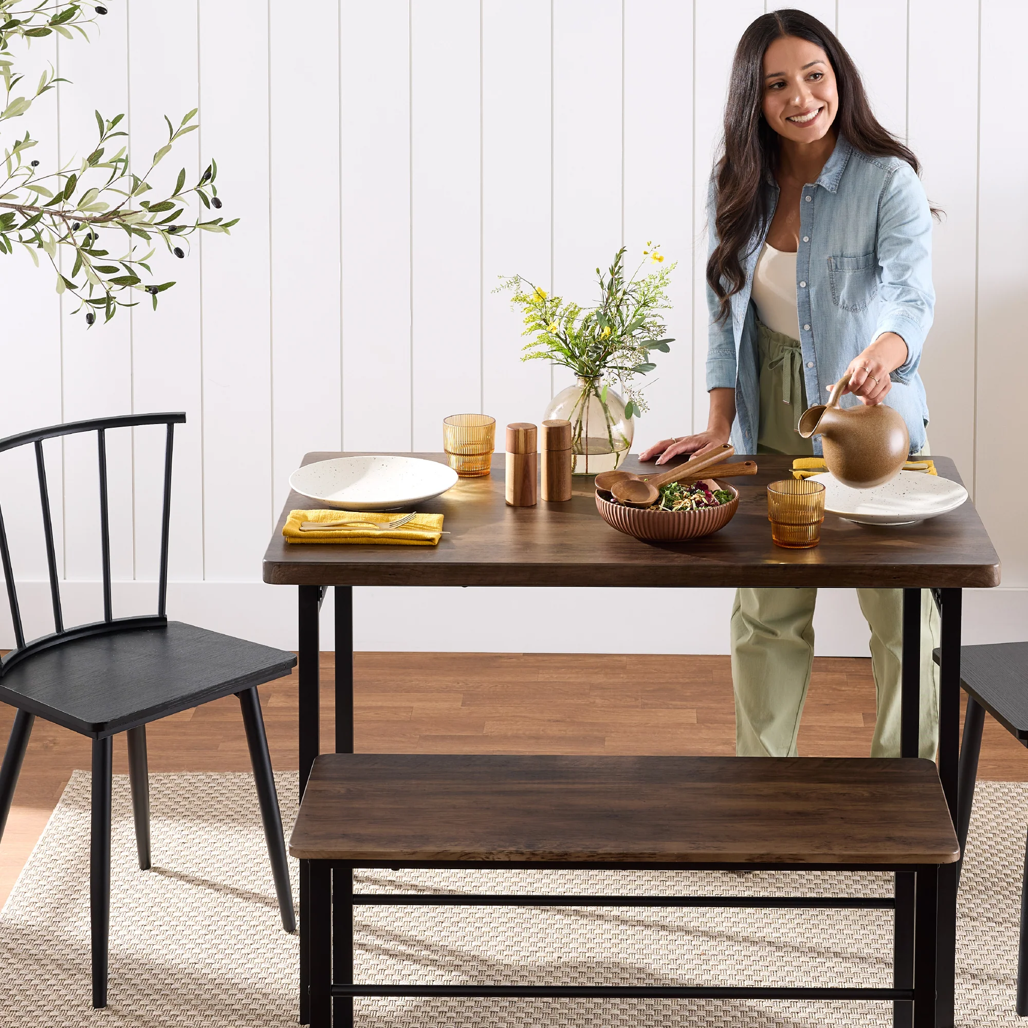 4-Piece Farmhouse Dining Table Set w/ 2 Black Spindle Chairs, Bench, Table - Image 13