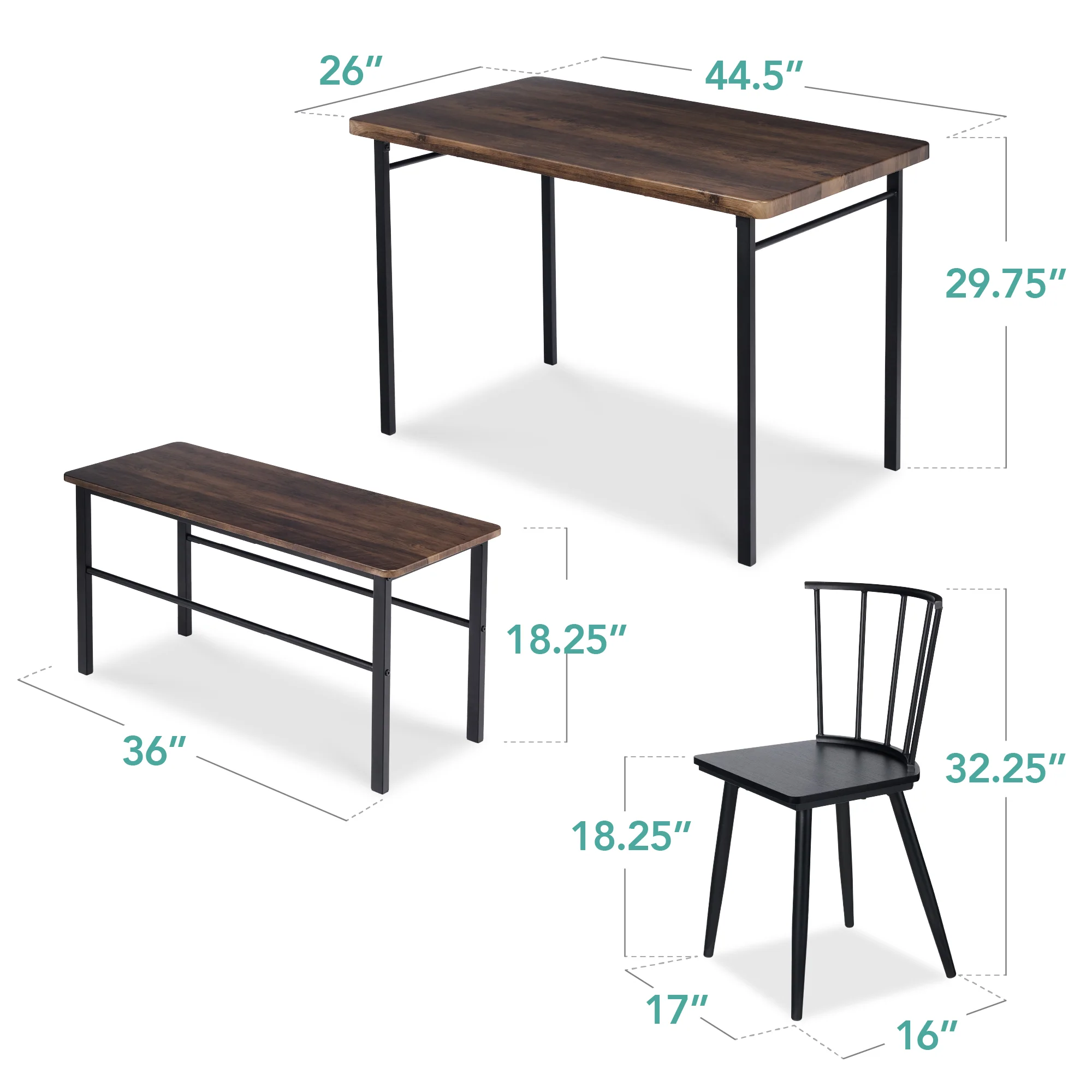 4-Piece Farmhouse Dining Table Set w/ 2 Black Spindle Chairs, Bench, Table - Image 7