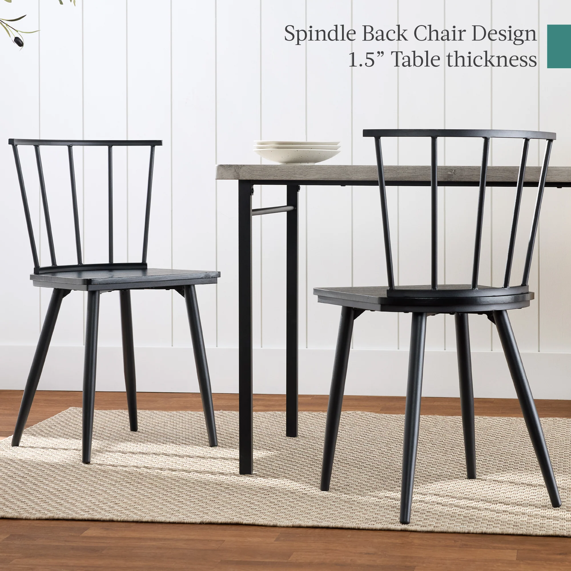 4-Piece Farmhouse Dining Table Set w/ 2 Black Spindle Chairs, Bench, Table - Image 9