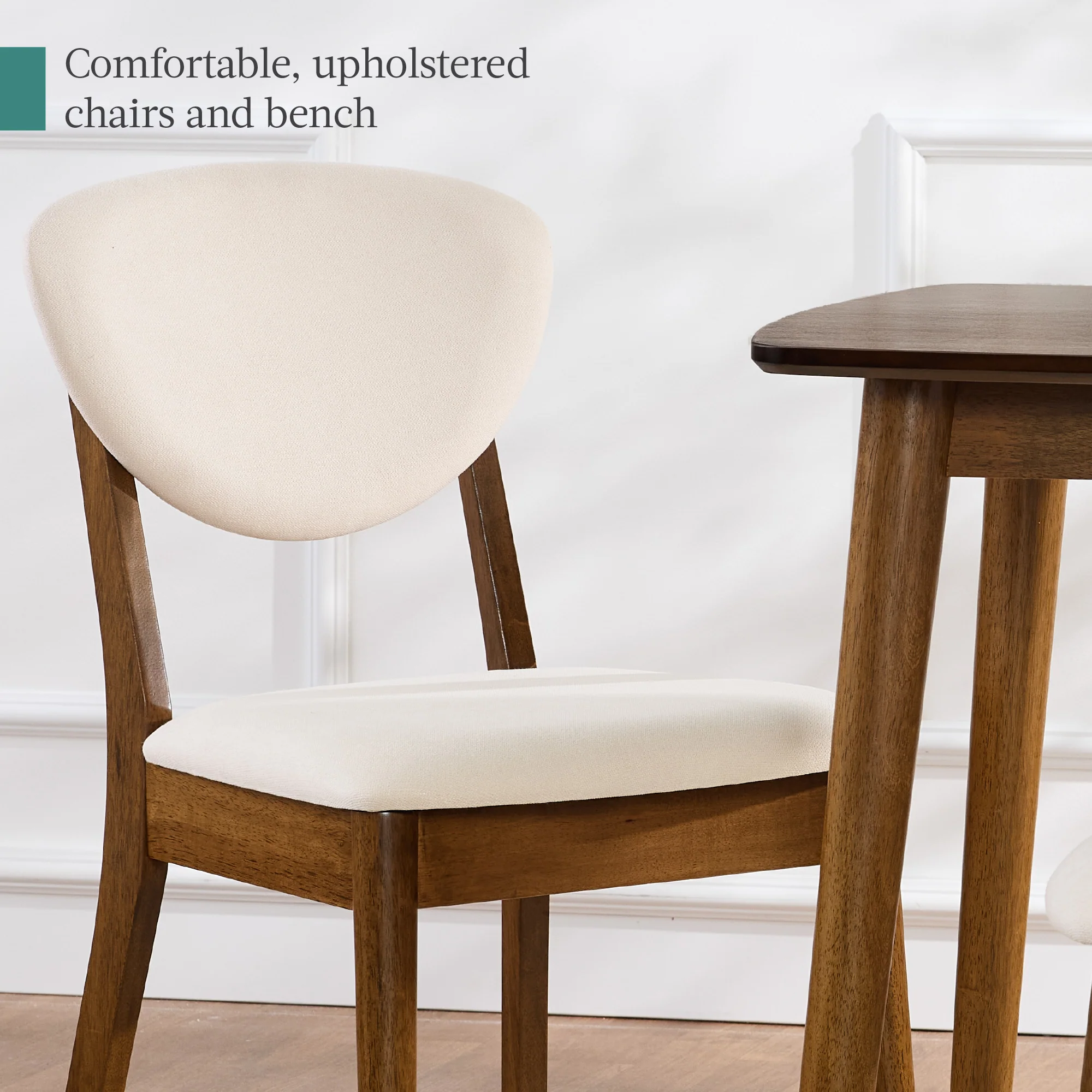 4-Piece Mid-Century Modern Upholstered Wooden Dining Set w/ 2 Chairs, Bench - Image 4