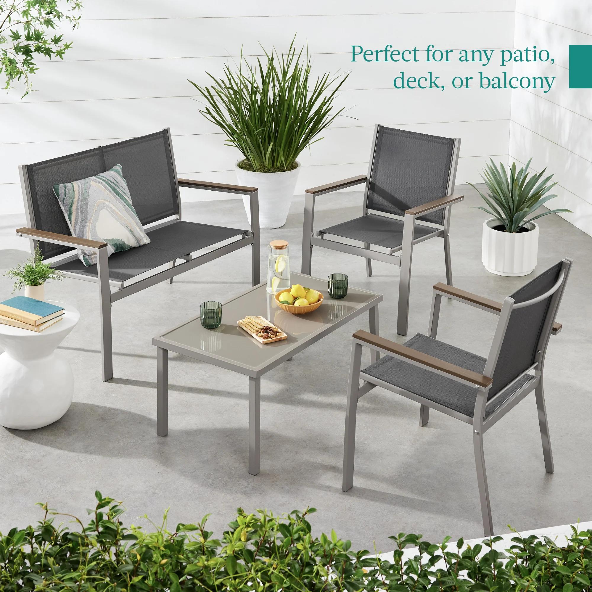 4-Piece Textilene Outdoor Conversation Set w/ Cushions, Table - Image 11
