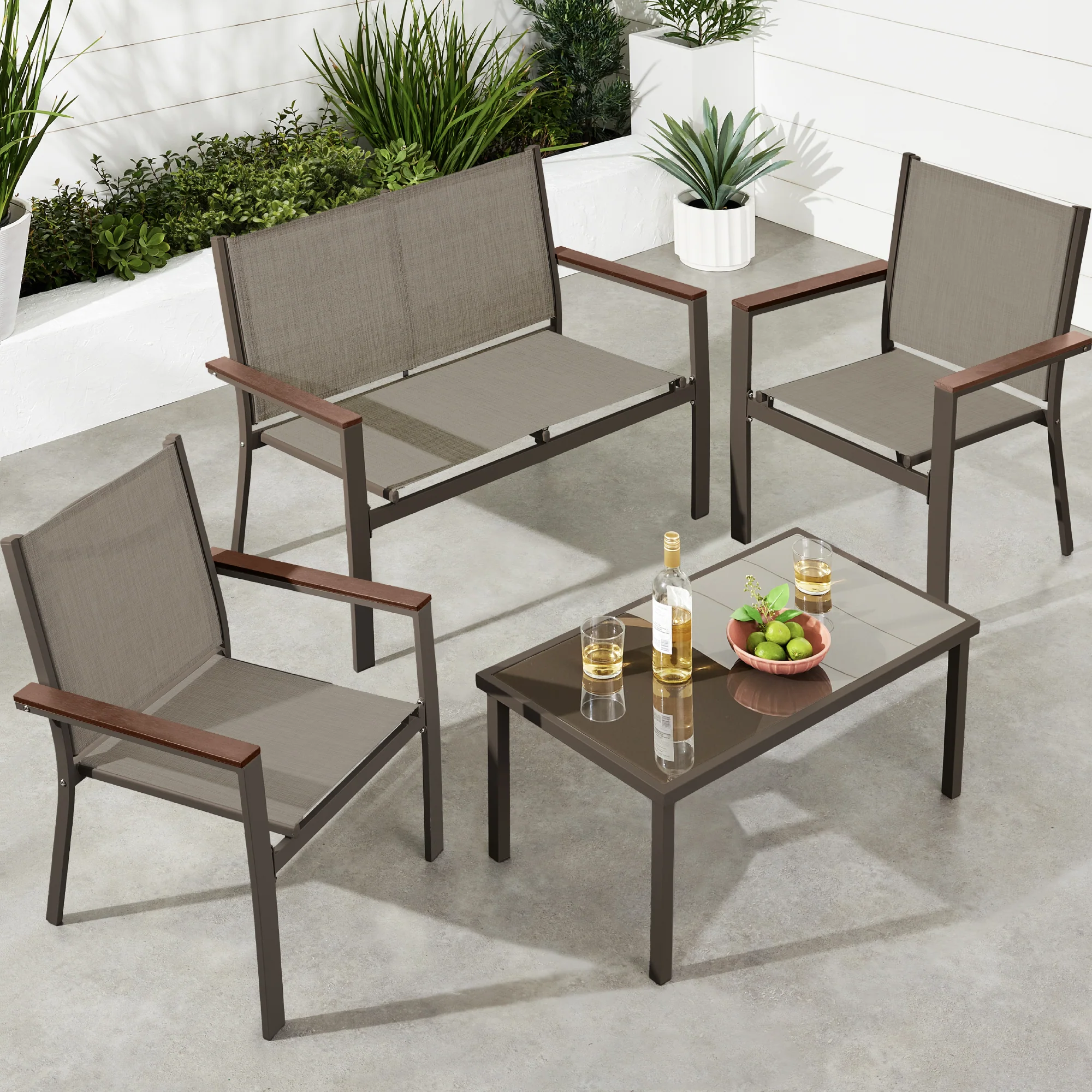 4-Piece Textilene Outdoor Conversation Set w/ Cushions, Table - Image 17