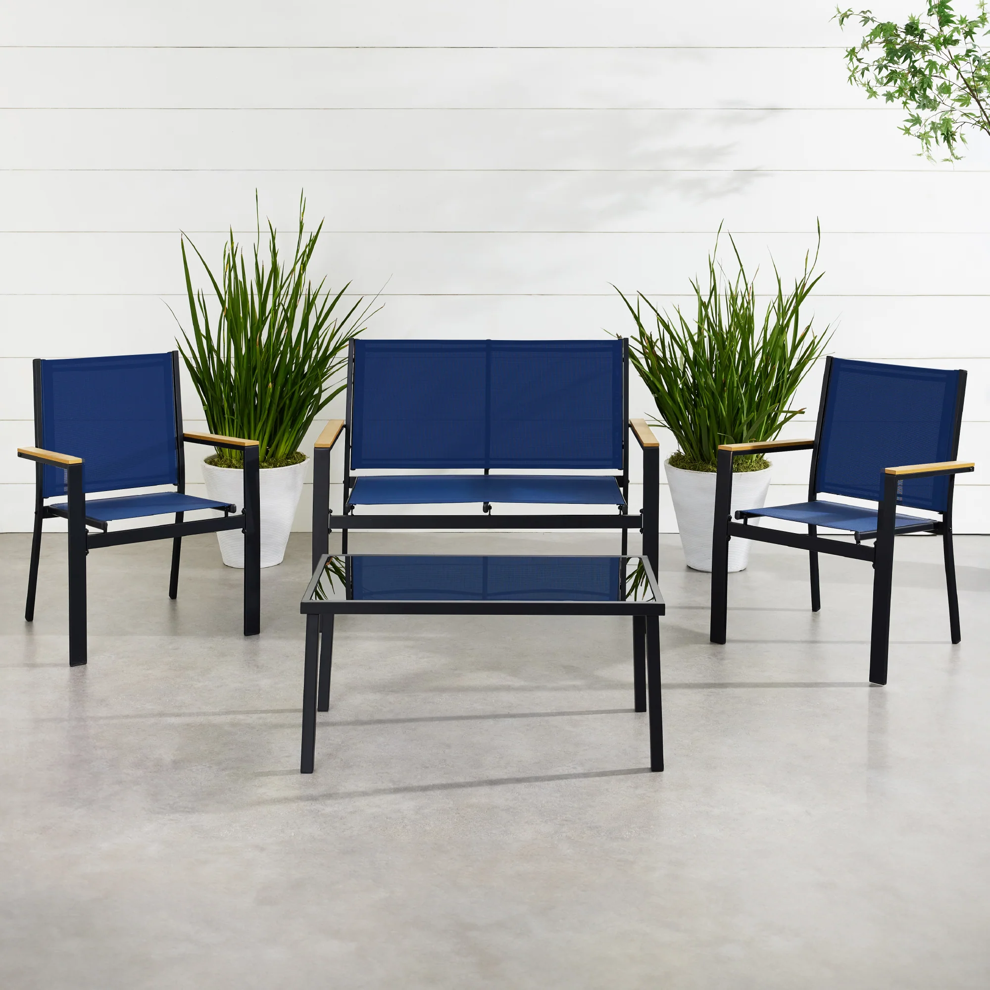4-Piece Textilene Outdoor Conversation Set w/ Cushions, Table - Image 2