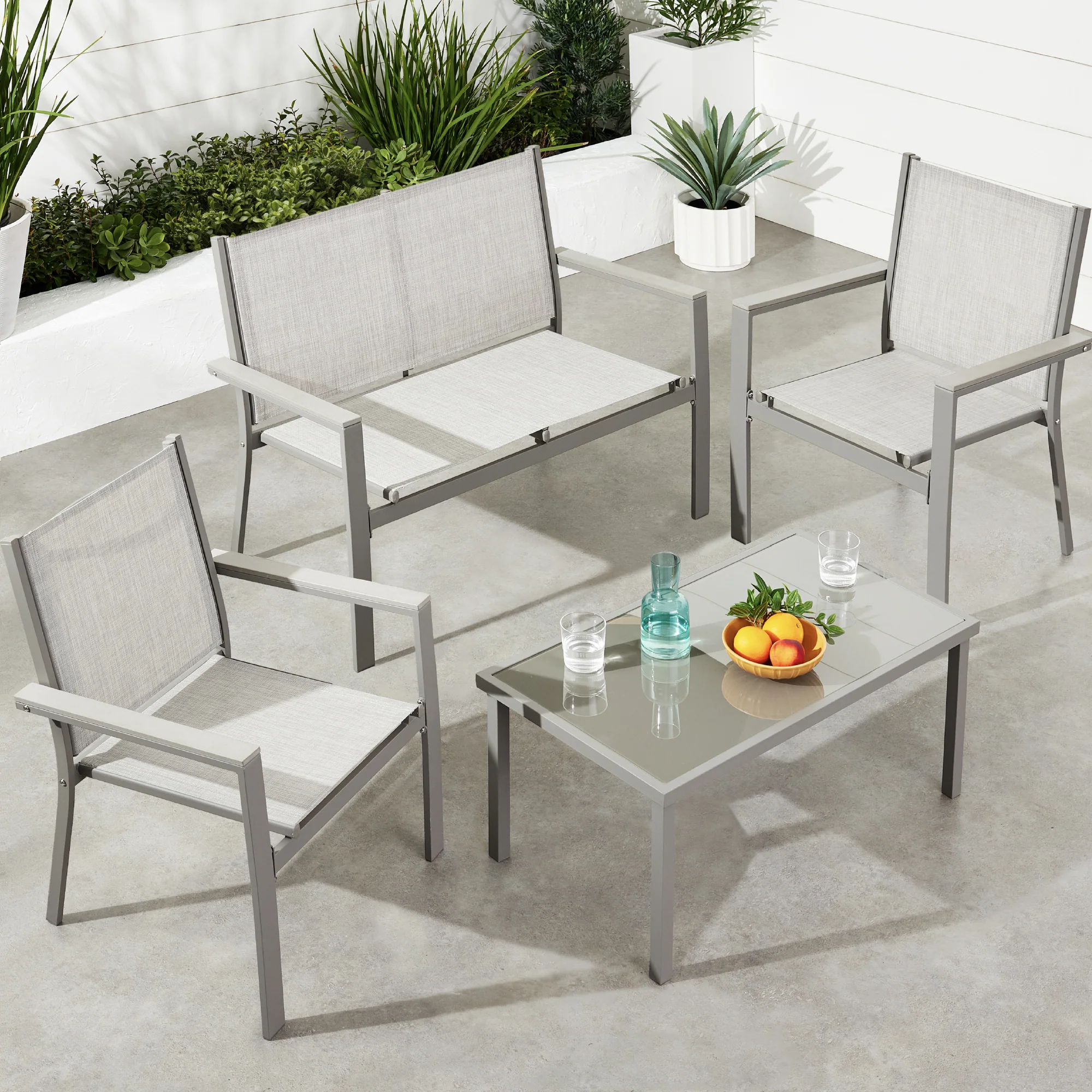 4-Piece Textilene Outdoor Conversation Set w/ Cushions, Table - Image 25