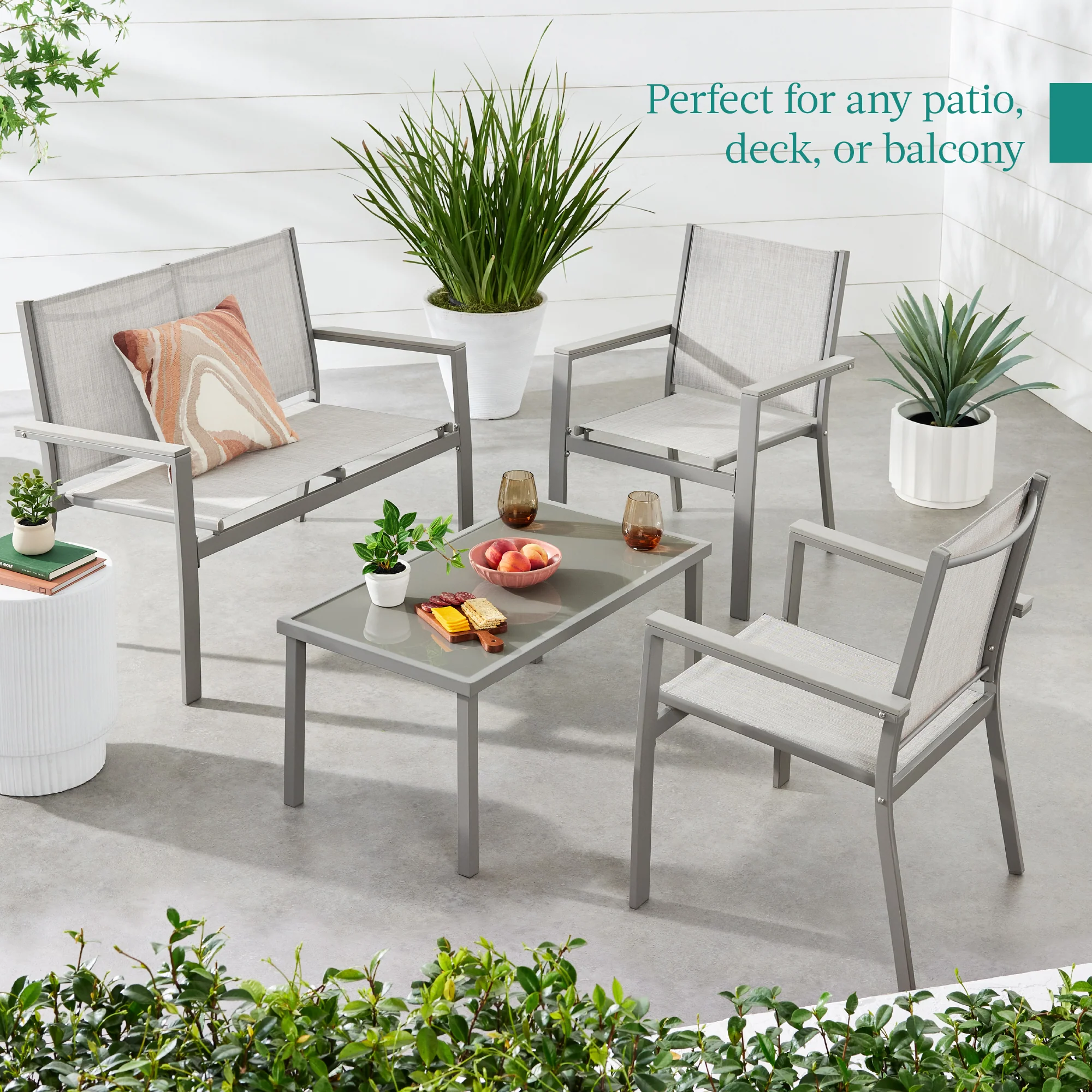 4-Piece Textilene Outdoor Conversation Set w/ Cushions, Table - Image 27