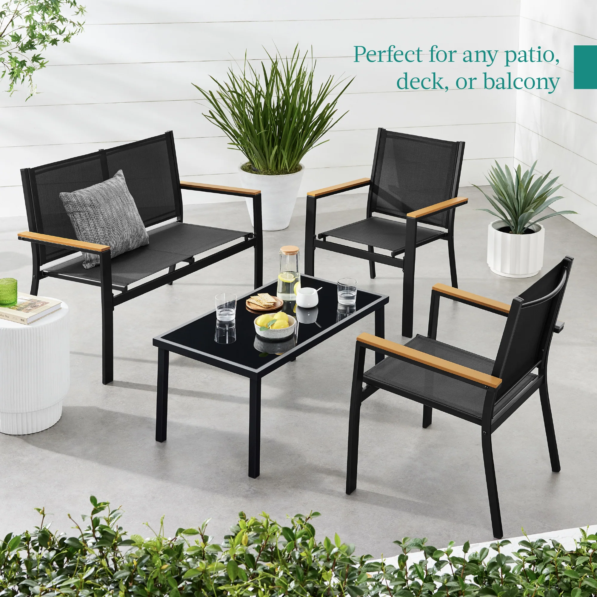 4-Piece Textilene Outdoor Conversation Set w/ Cushions, Table - Image 35