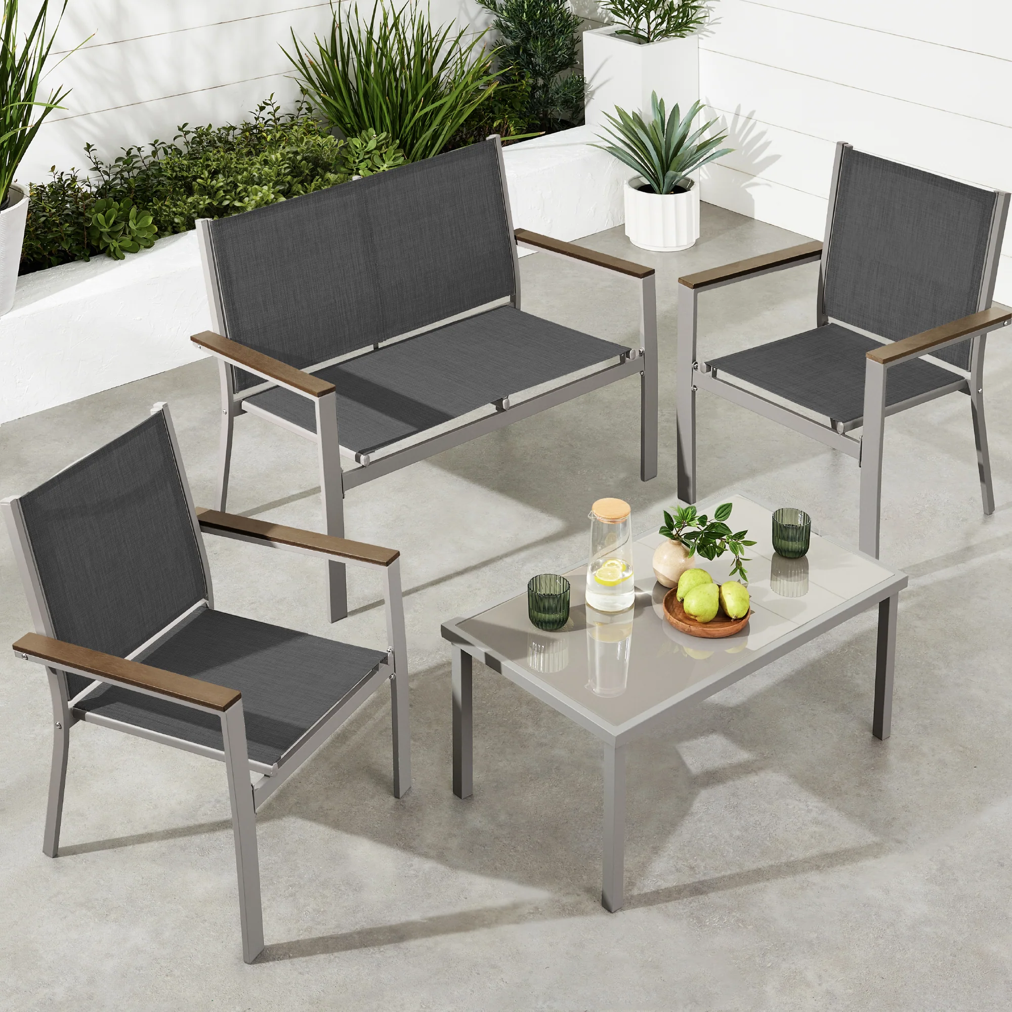 4-Piece Textilene Outdoor Conversation Set w/ Cushions, Table - Image 9