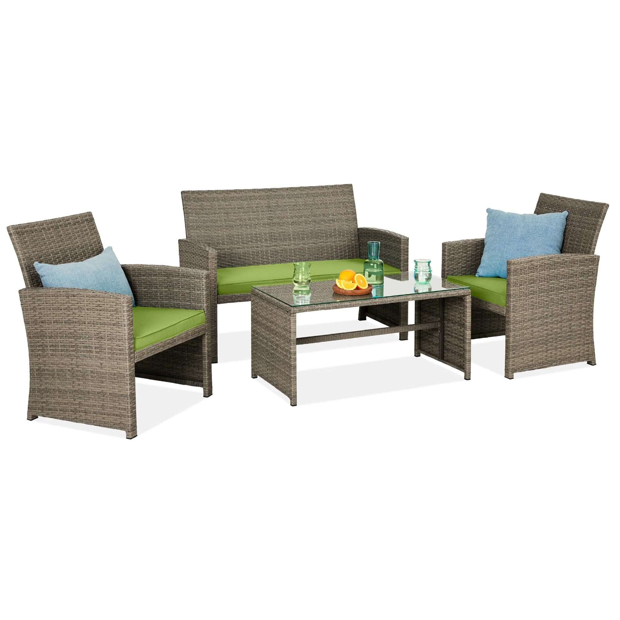 4-Piece Outdoor Wicker Conversation Patio Set w/ 4 Seats, Glass Table Top - Image 106