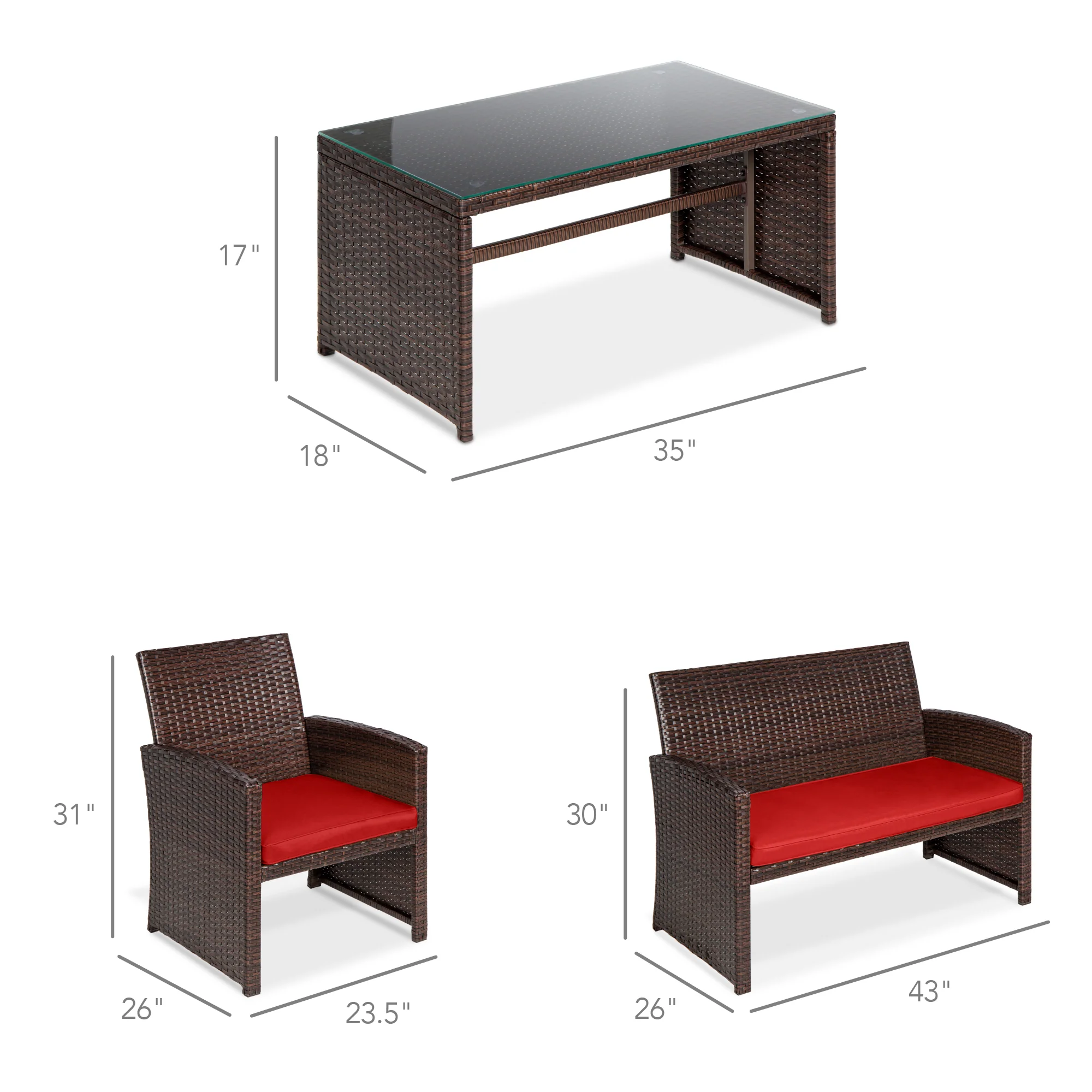 4-Piece Outdoor Wicker Conversation Patio Set w/ 4 Seats, Glass Table Top - Image 119
